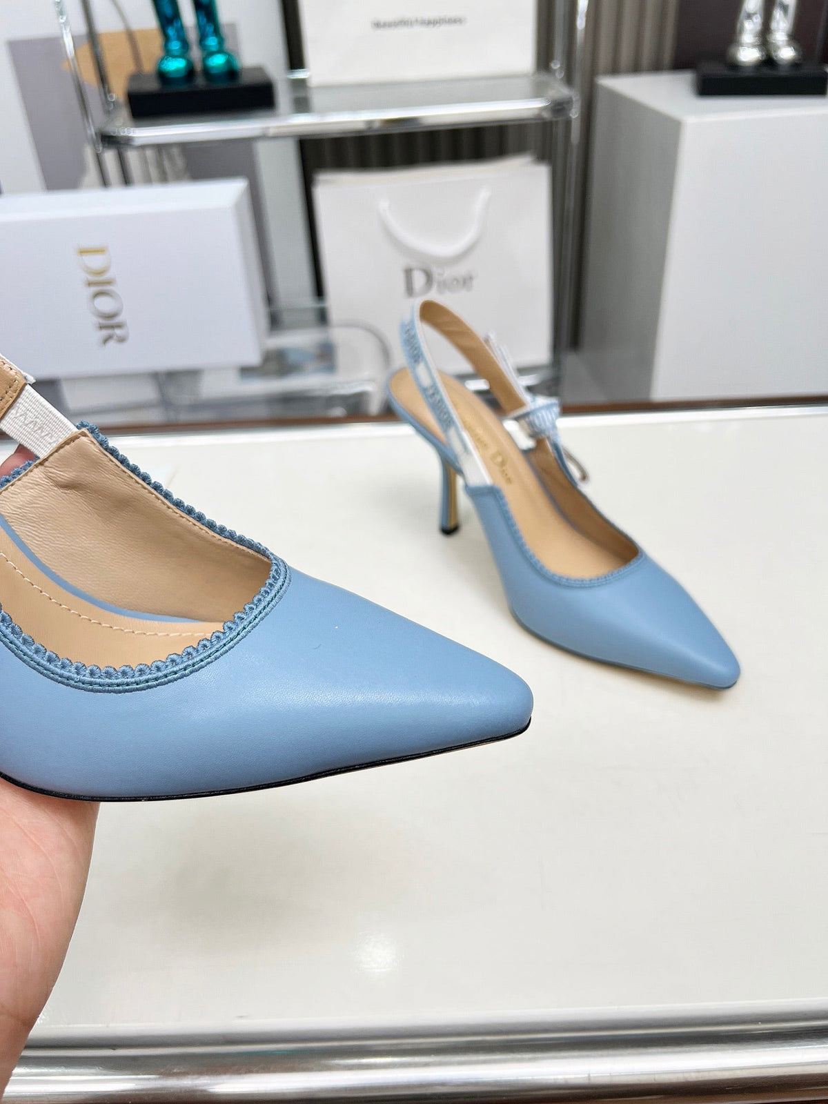 CD 26s J'Adior Slingback Pumps Light Blue Ribbon Calfskin 153593