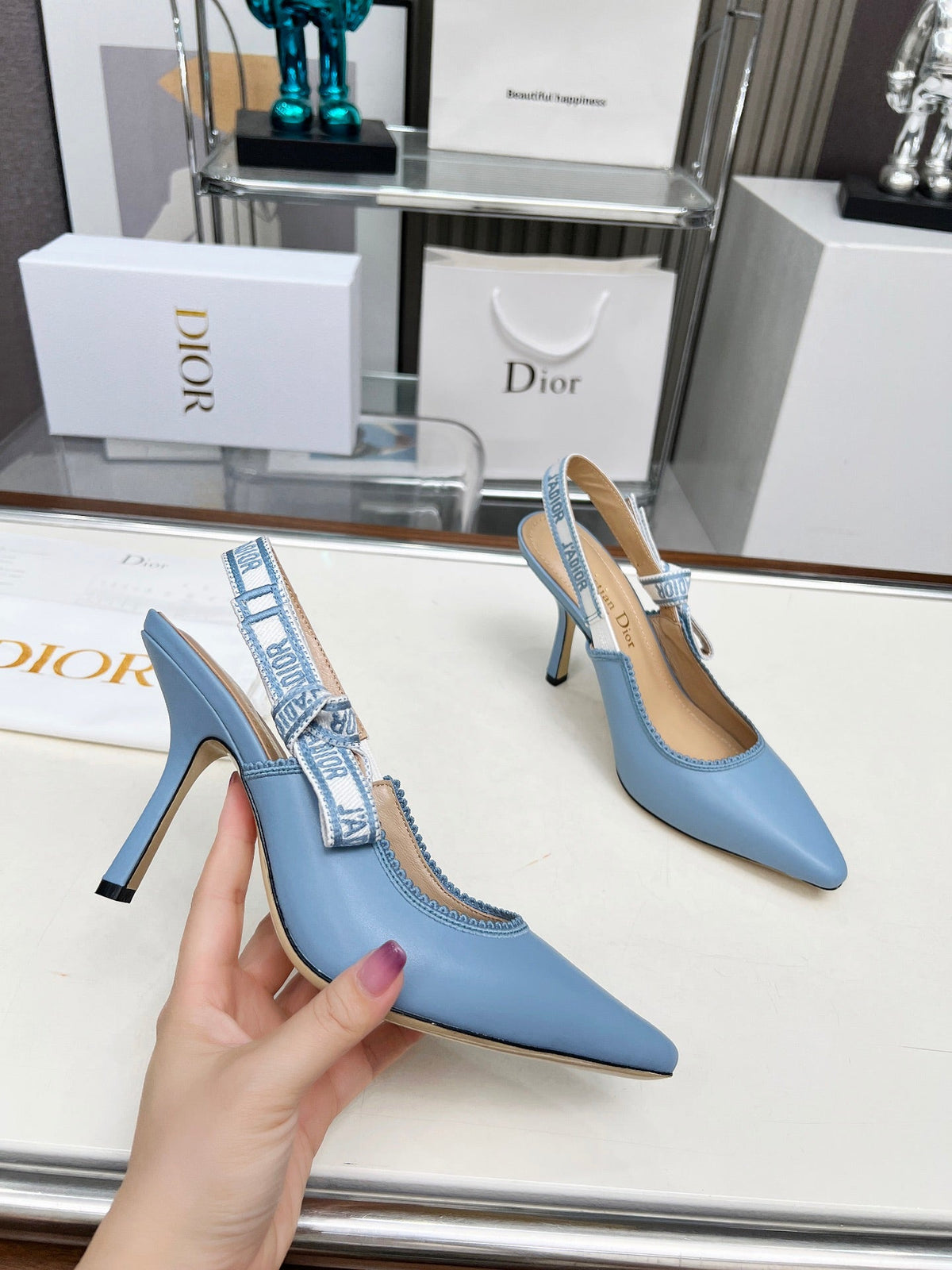 CD 26s J'Adior Slingback Pumps Light Blue Ribbon Calfskin 153593