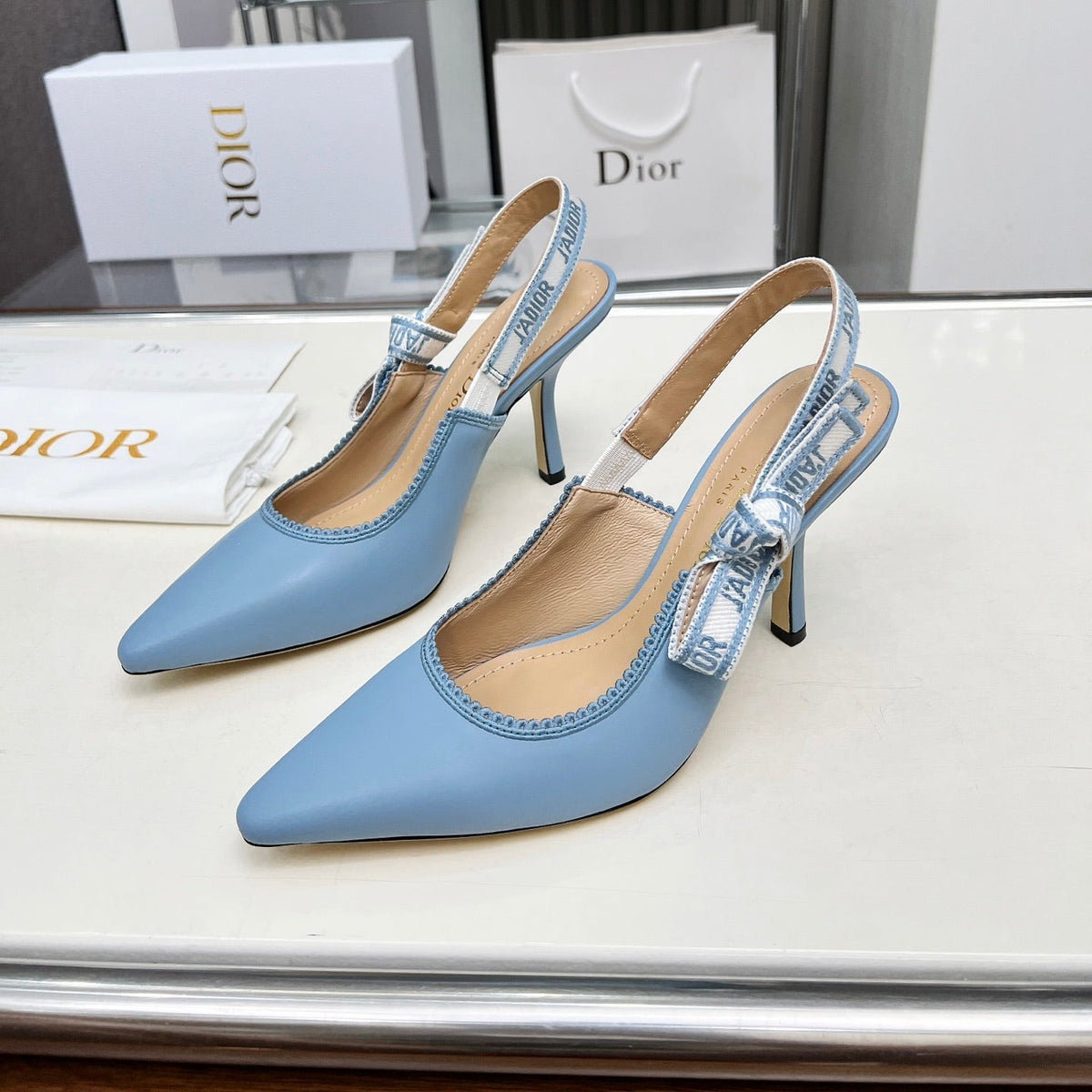 CD 26s J'Adior Slingback Pumps Light Blue Ribbon Calfskin 153593