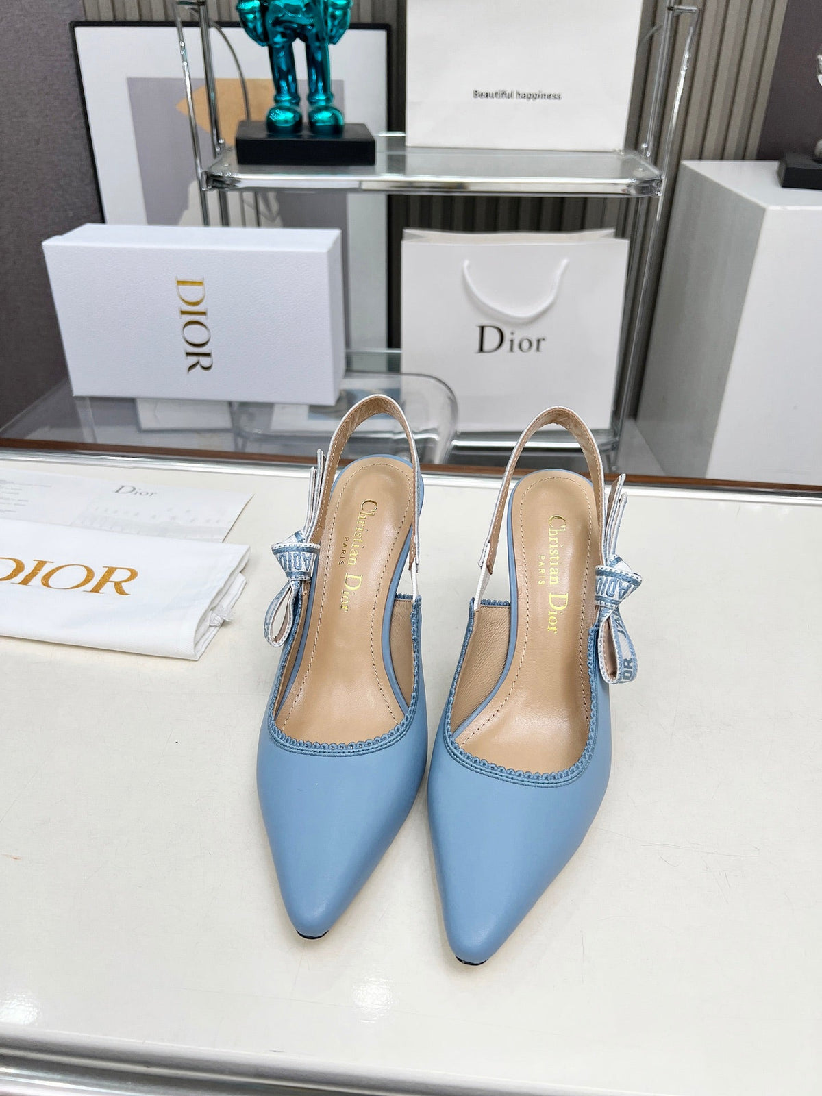 CD 26s J'Adior Slingback Pumps Light Blue Ribbon Calfskin 153593