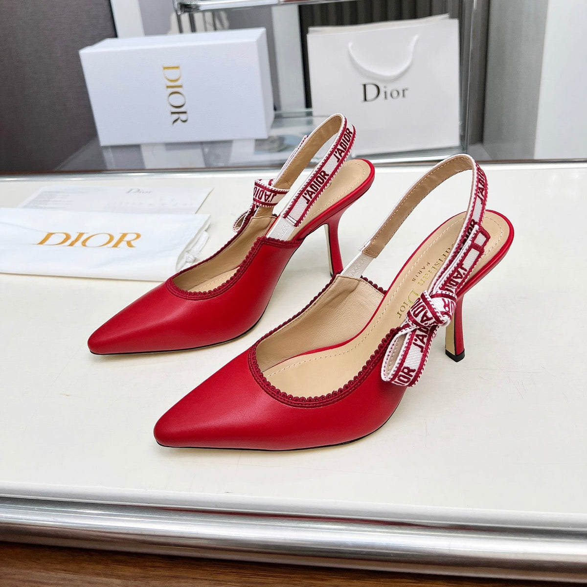 CD 26s J'Adior Slingback Pumps Red Ribbon Calfskin 153617