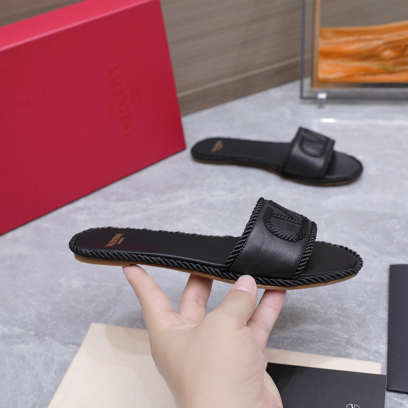VLogo Torchon Slide Sandal Black Leather Canvas 941253