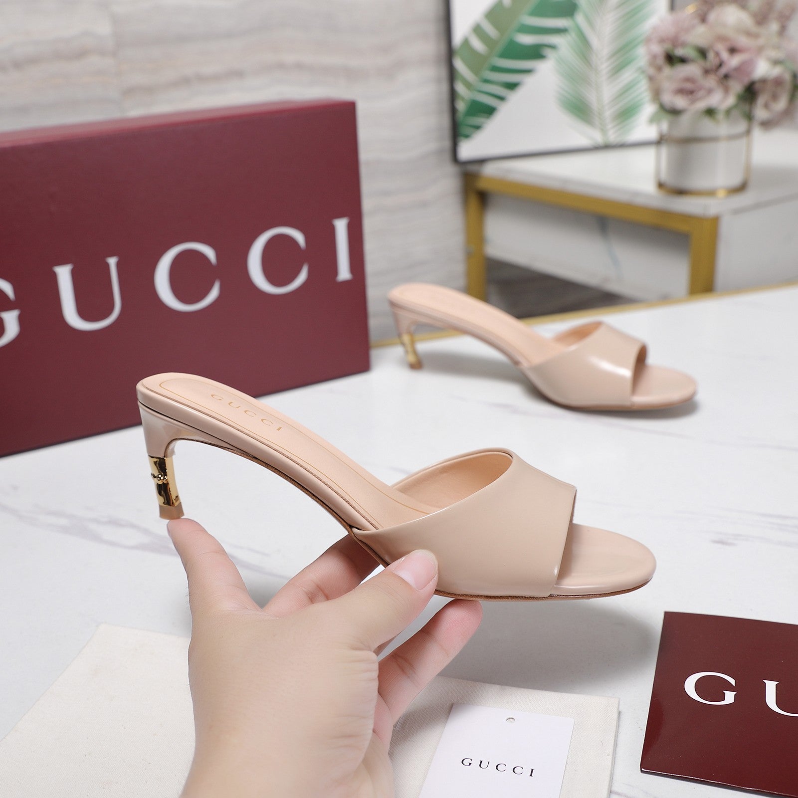 GG 26s Slide 5.5 With Bamboo Motif Light Pink Lambskin 961221
