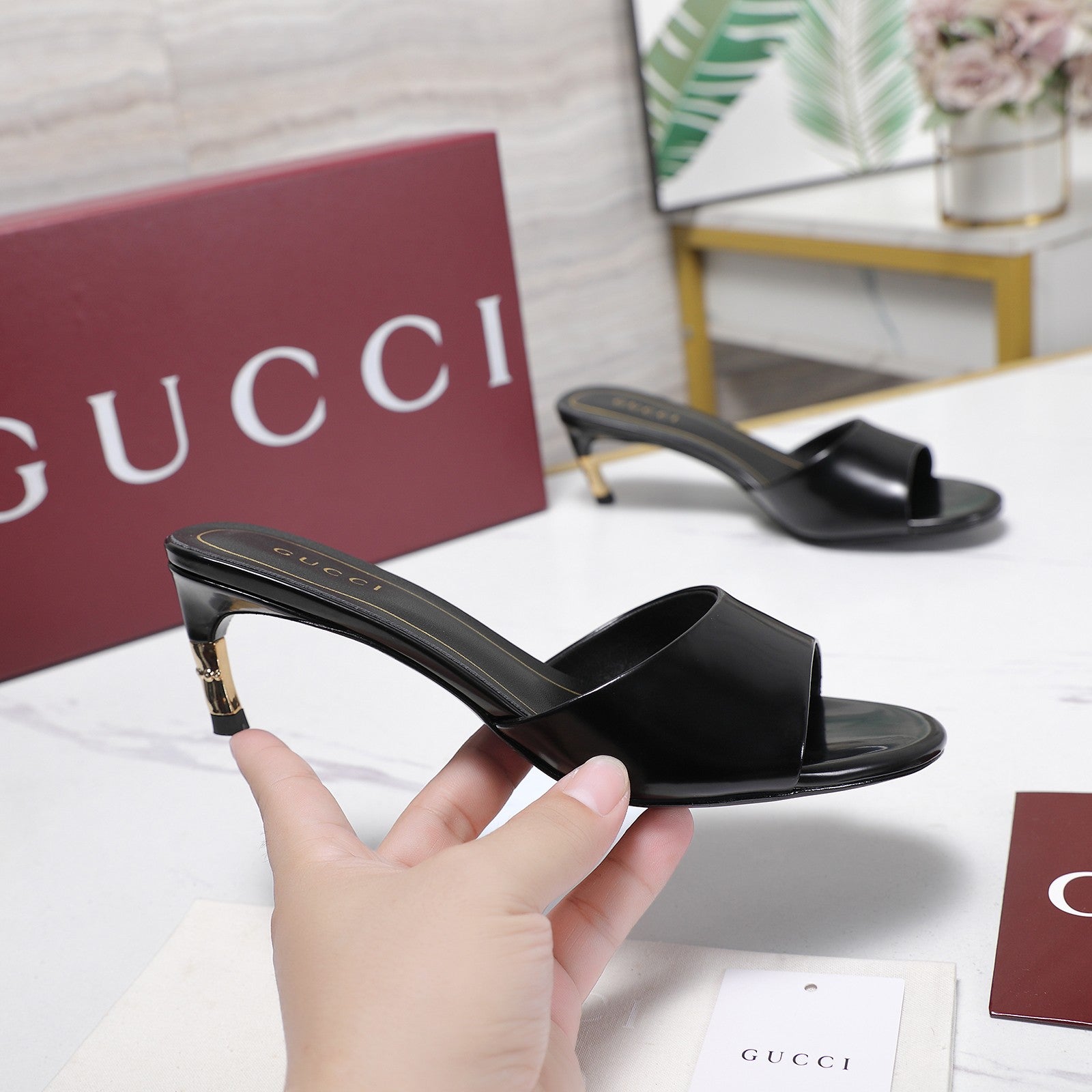 GG 26s Slide 5.5 With Bamboo Motif Black Lambskin 961222