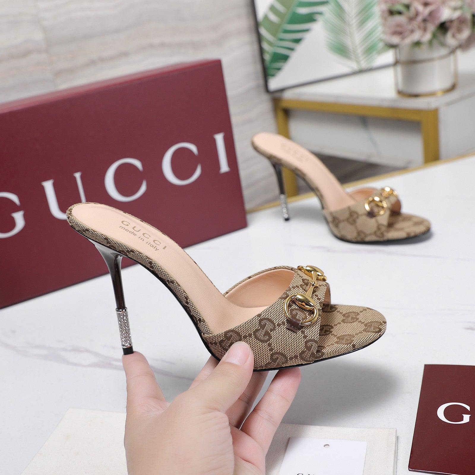 GG 26s Mules Crystal-Embellished Stiletto Heels Beige Canvas 961231
