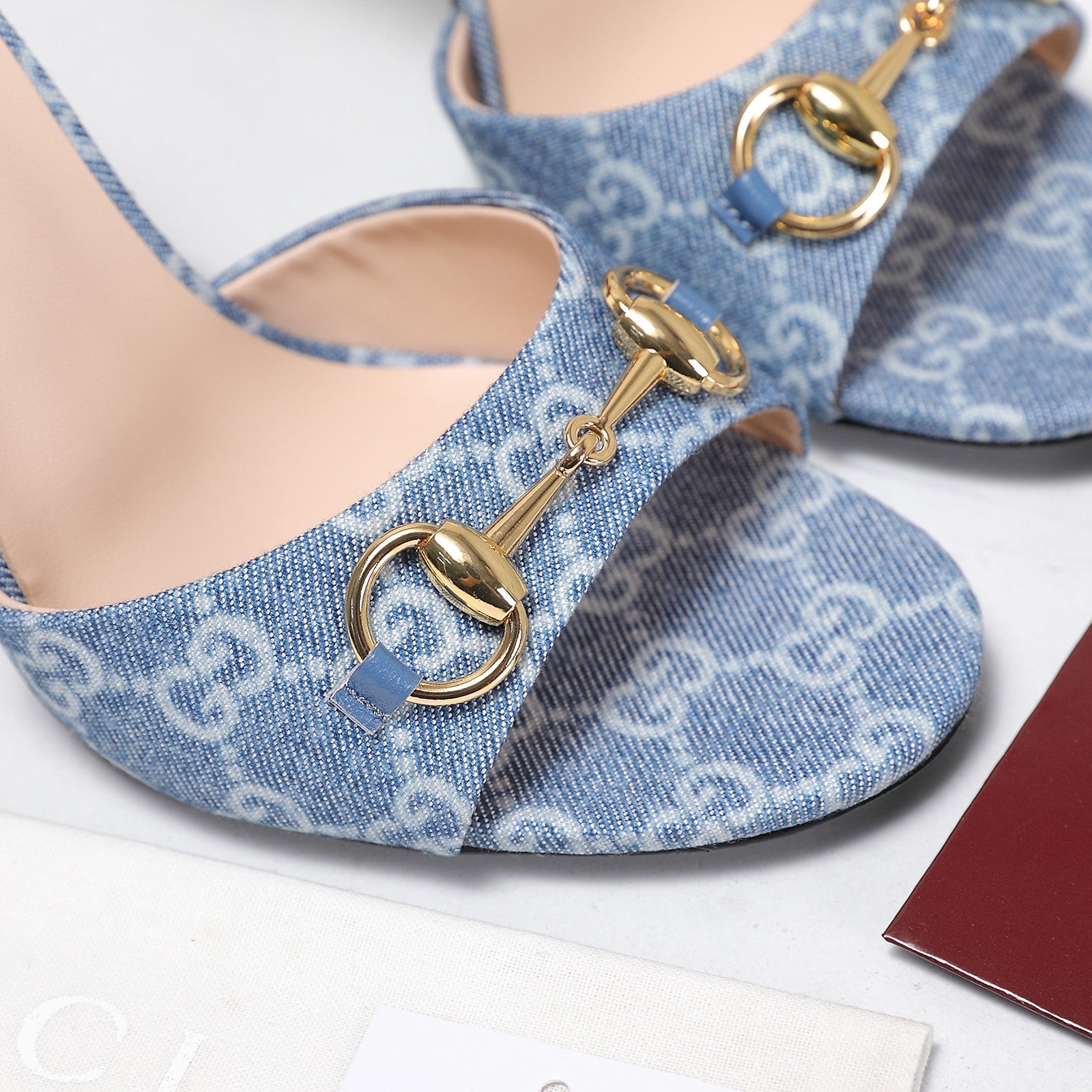 GG 26s Mules Crystal-Embellished Stiletto Heels Blue Canvas 961232