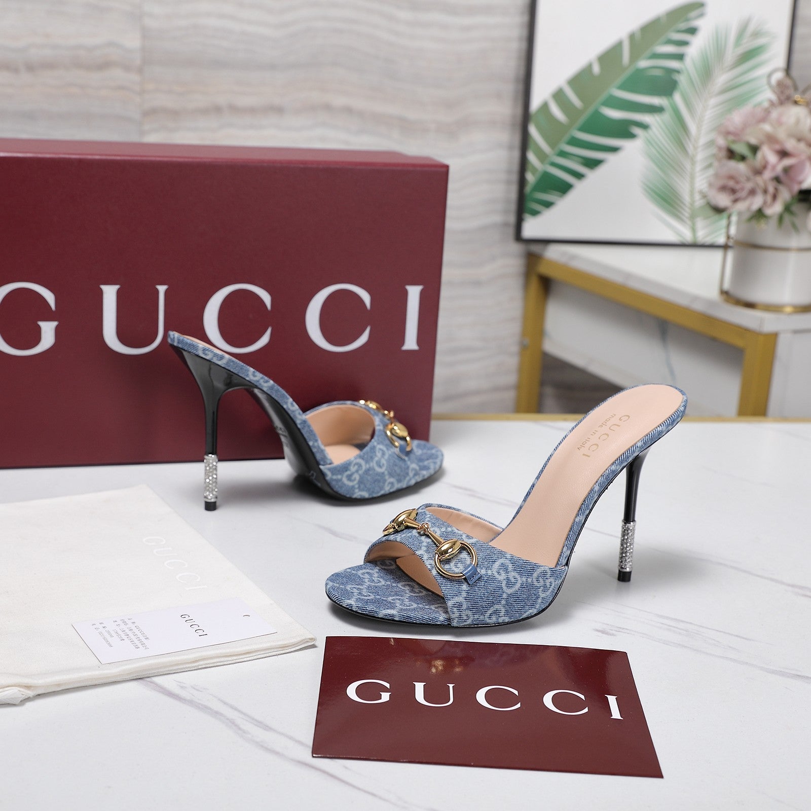 GG 26s Mules Crystal-Embellished Stiletto Heels Blue Canvas 961232