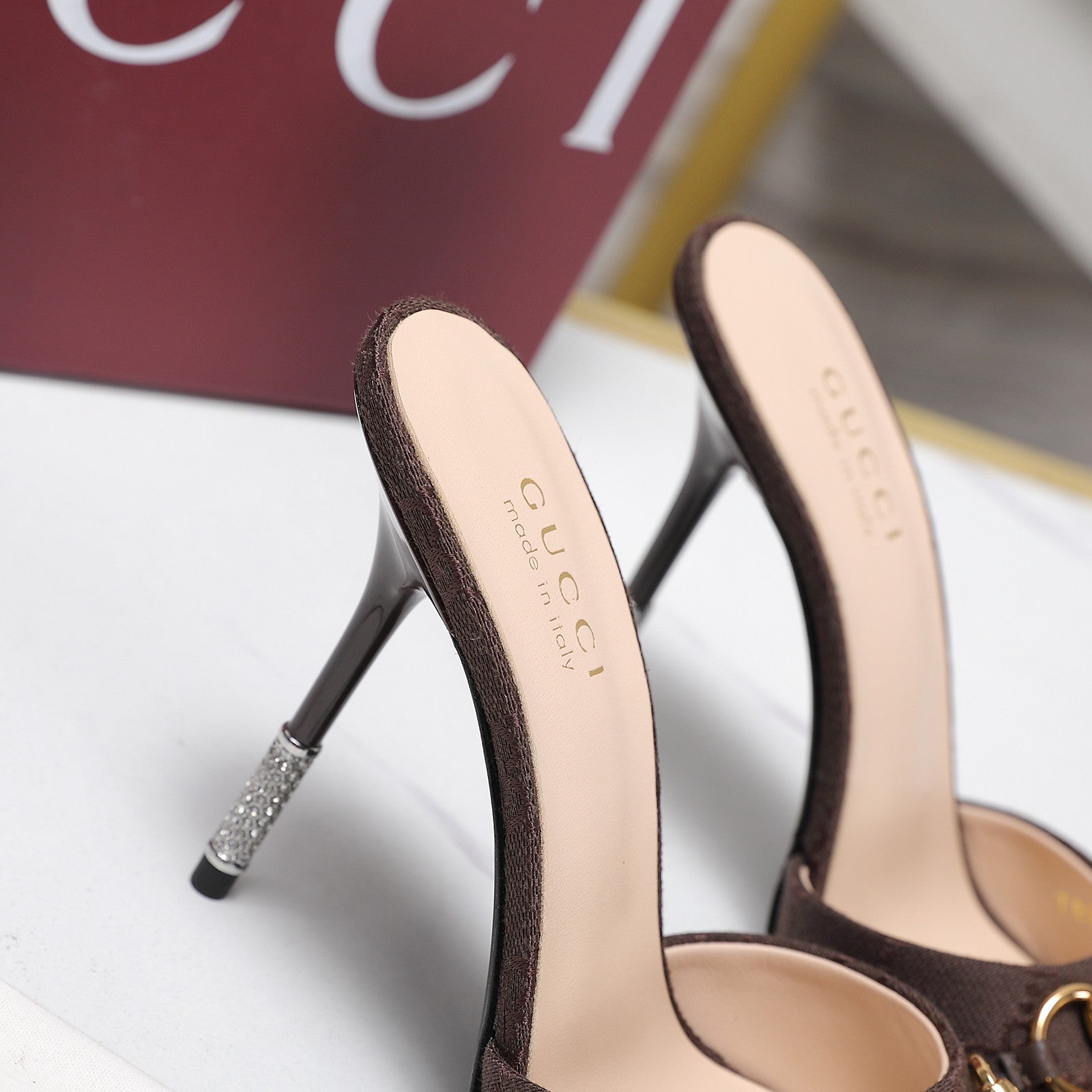 GG 26s Mules Crystal-Embellished Stiletto Heels Coffee Canvas 961233
