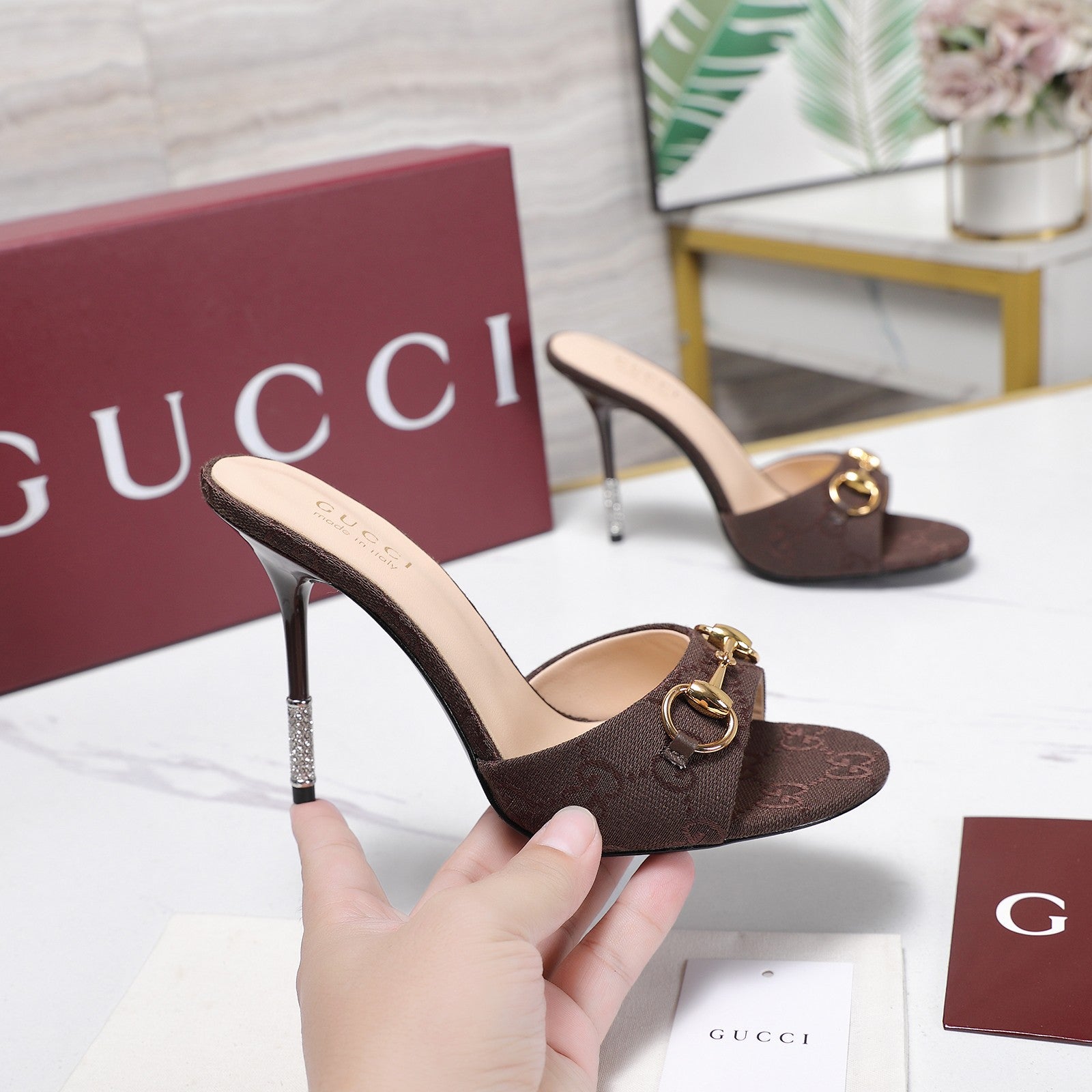 GG 26s Mules Crystal-Embellished Stiletto Heels Coffee Canvas 961233