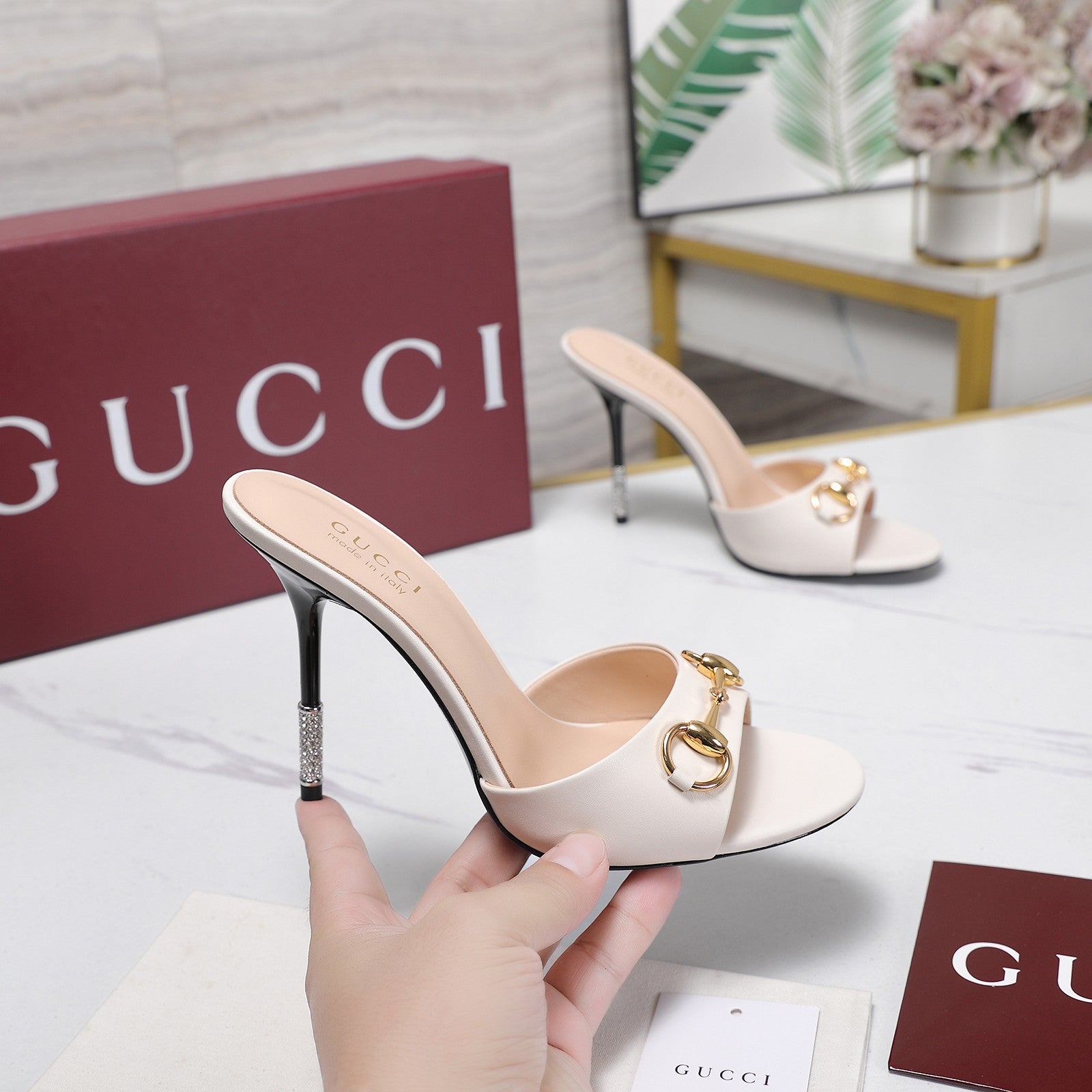 GG 26s Mules Crystal-Embellished Stiletto Heels White Calfskin 961234