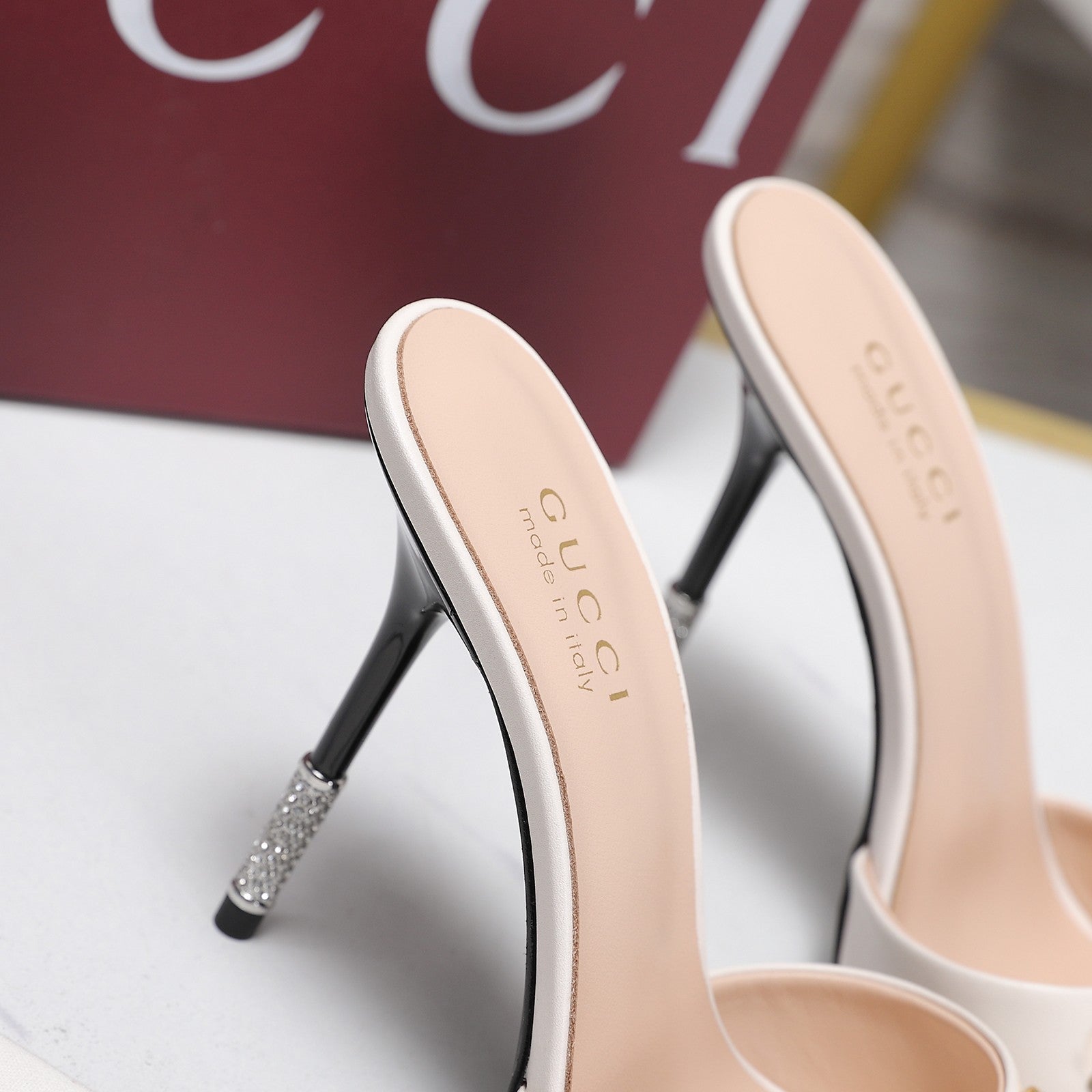 GG 26s Mules Crystal-Embellished Stiletto Heels White Calfskin 961234