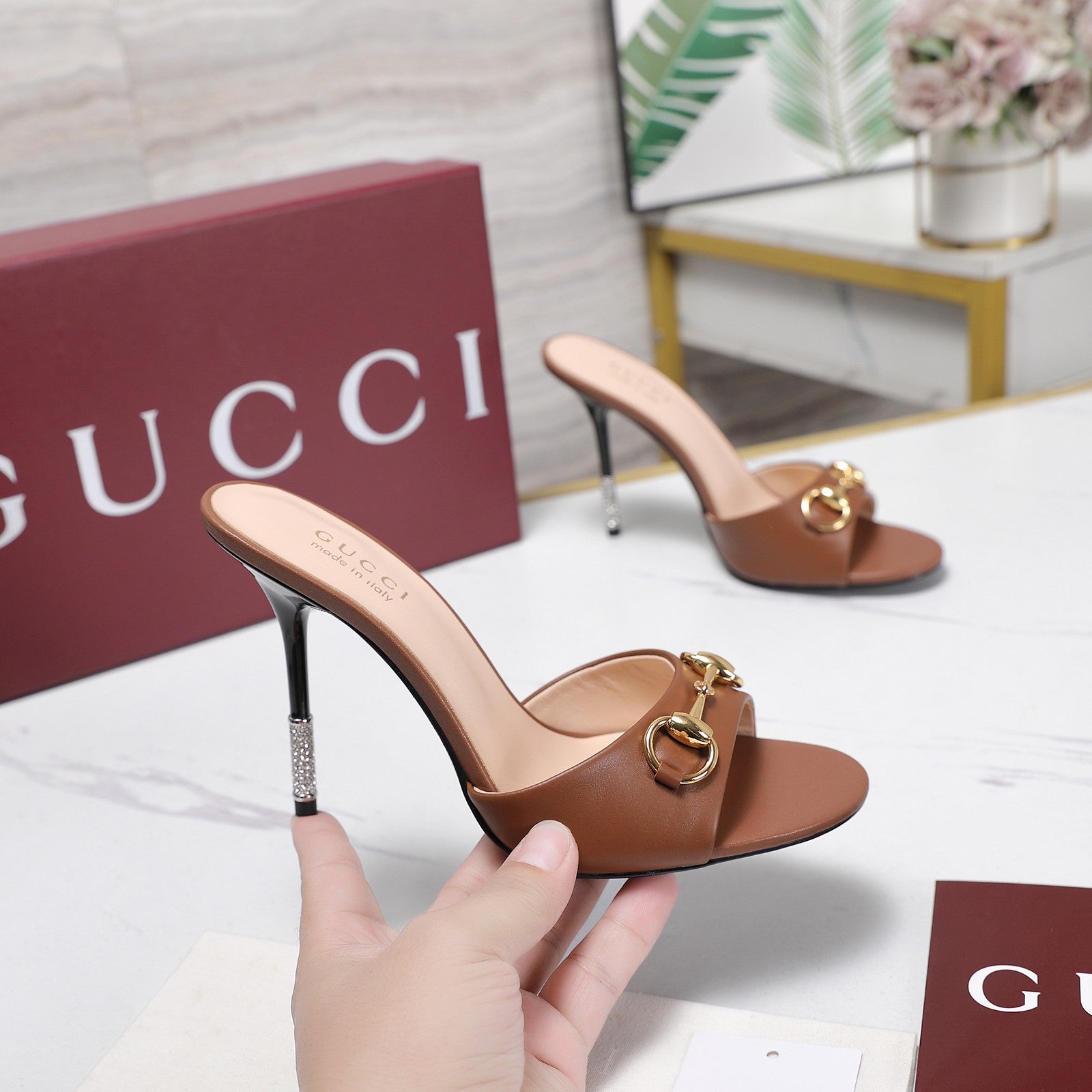 GG 26s Mules Crystal-Embellished Stiletto Heels Brown Calfskin 961235