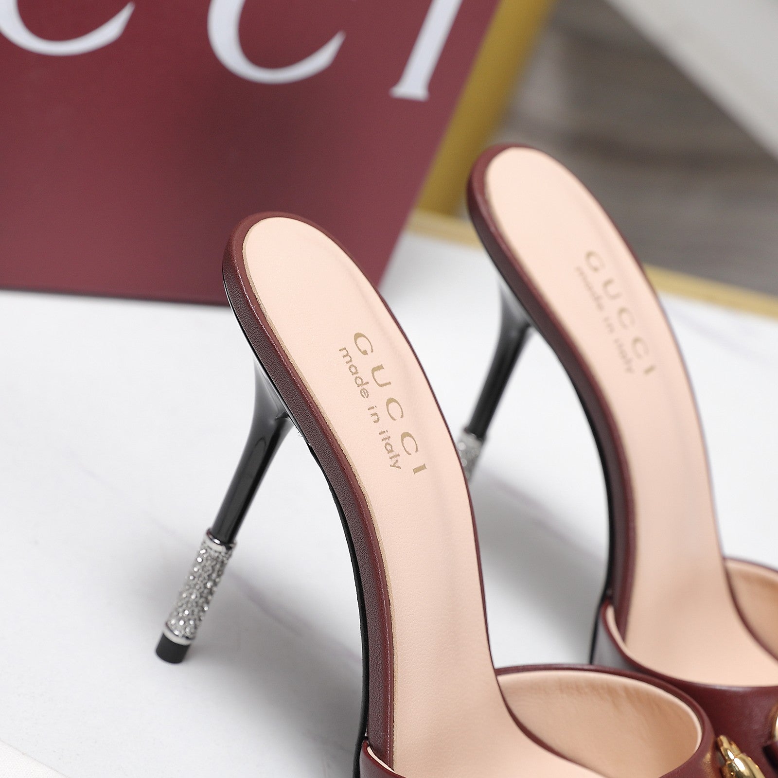 GG 26s Mules Crystal-Embellished Stiletto Heels Burgundy Calfskin 961236