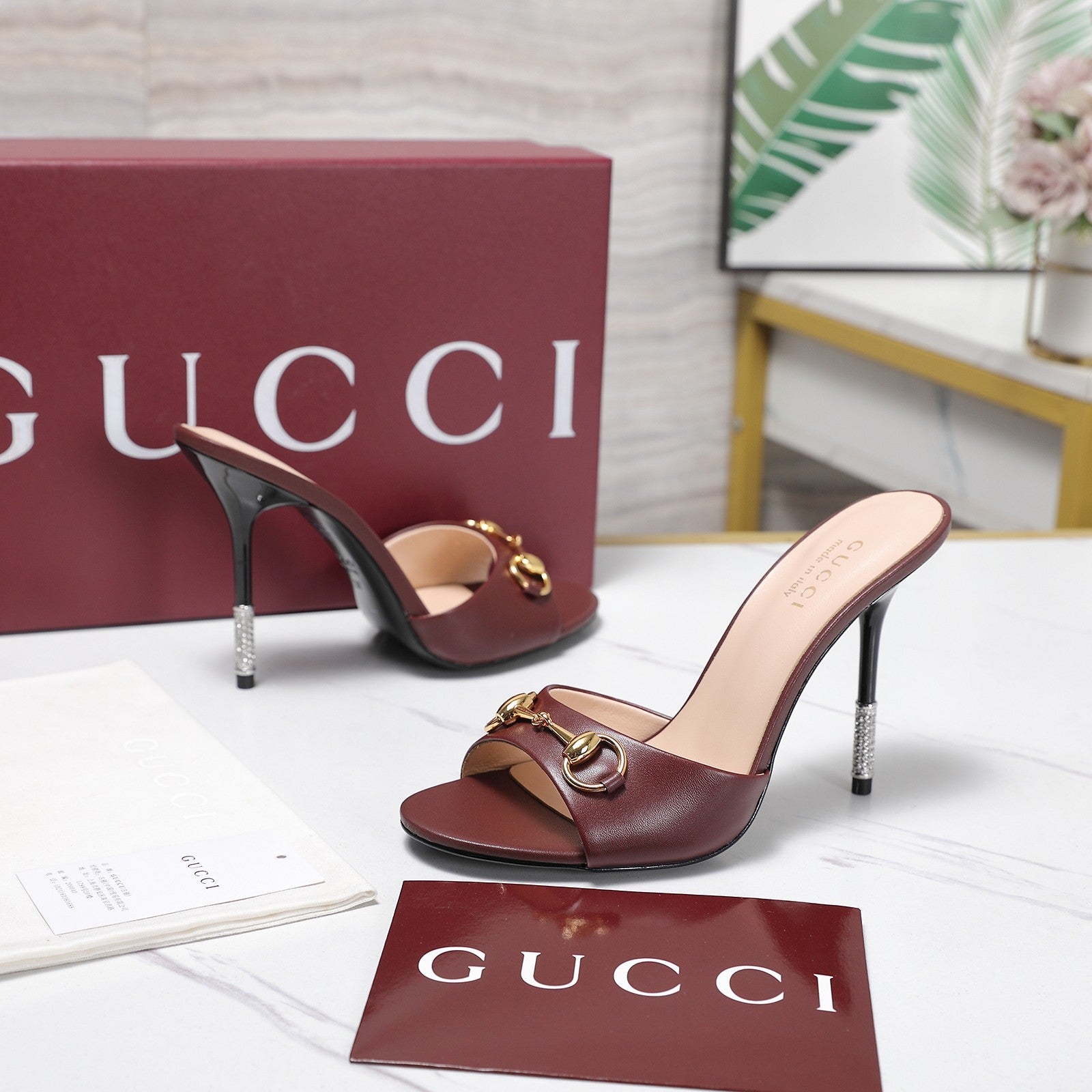 GG 26s Mules Crystal-Embellished Stiletto Heels Burgundy Calfskin 961236