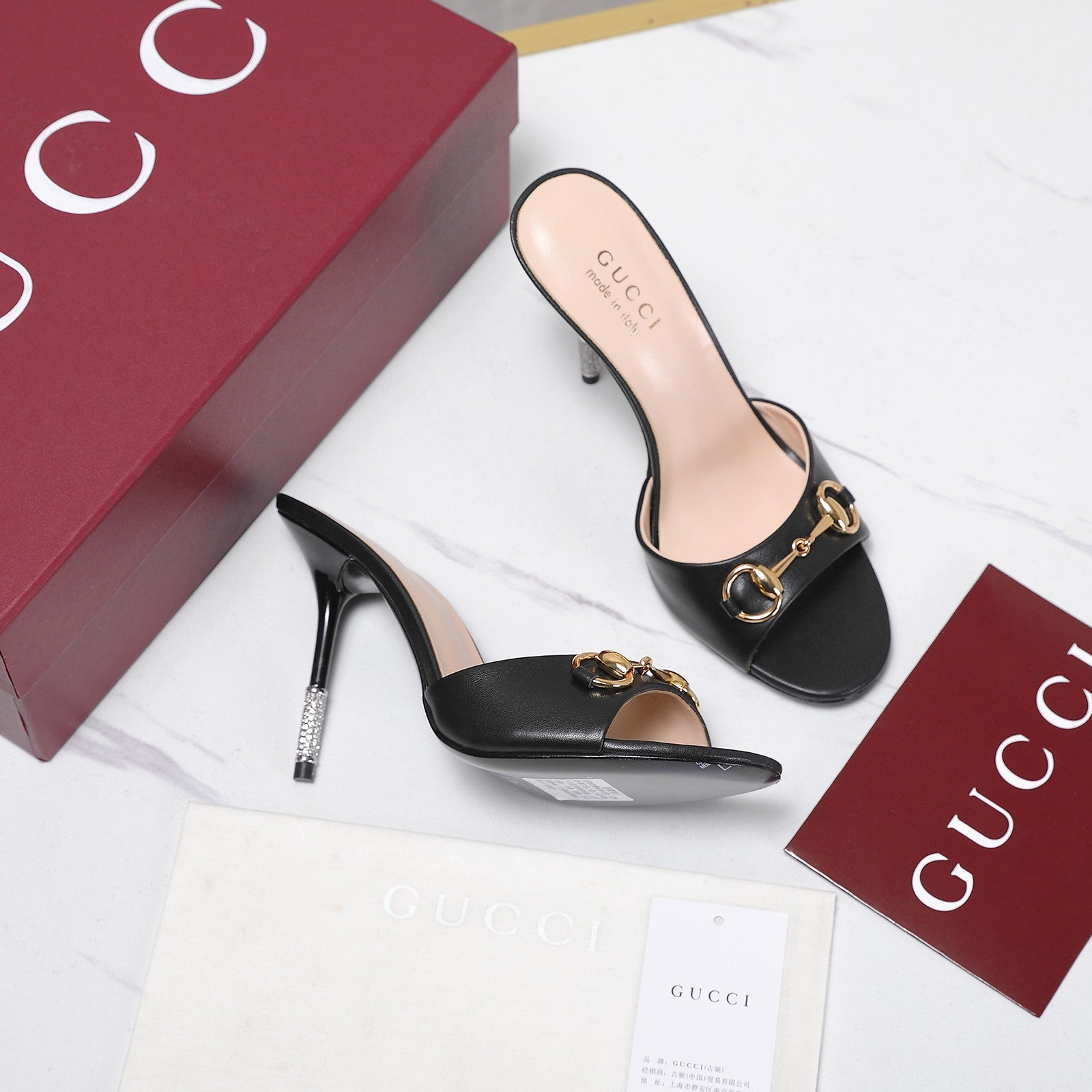 GG 26s Mules Crystal-Embellished Stiletto Heels Black Calfskin 961237