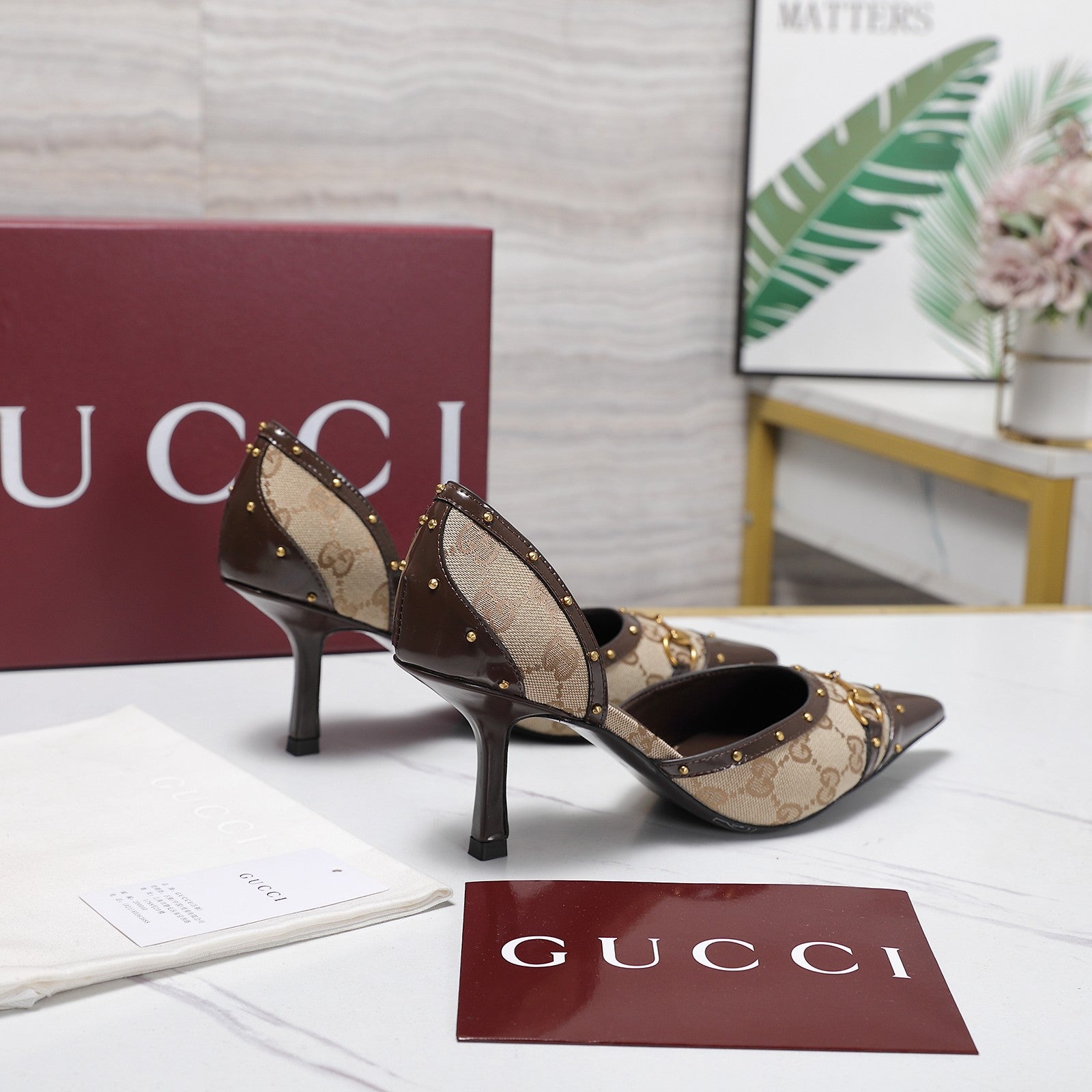 GG 26s Savoy Pumps Brown Beige Lambskin Canvas 961239