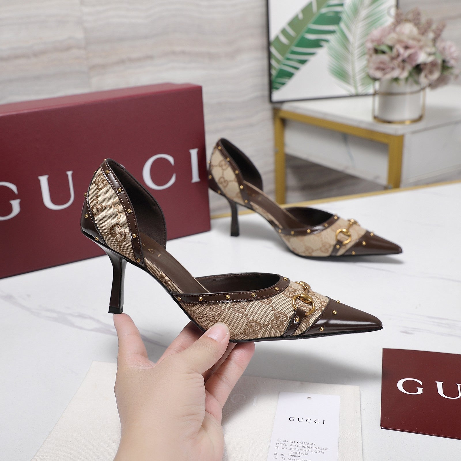 GG 26s Savoy Pumps Brown Beige Lambskin Canvas 961239
