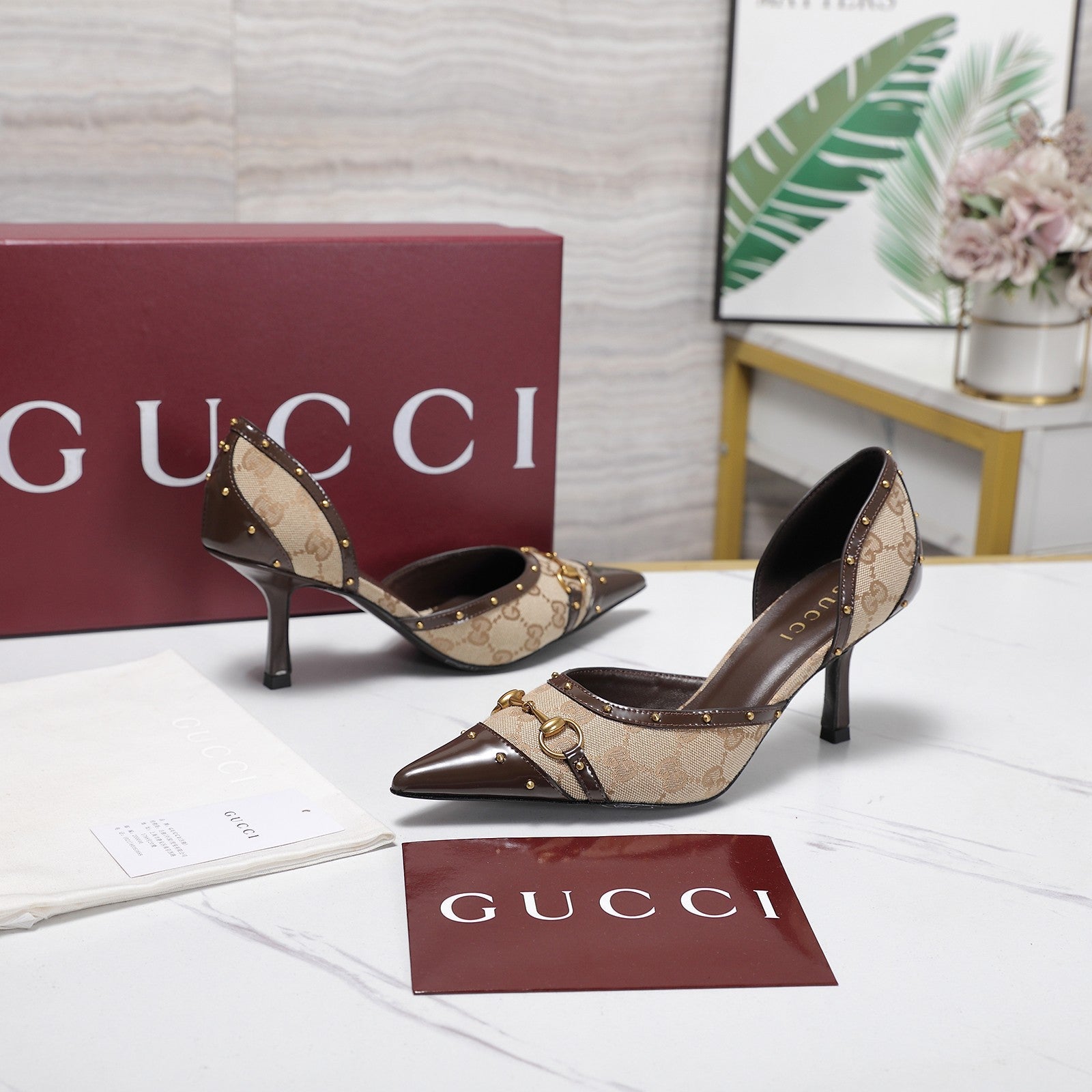 GG 26s Savoy Pumps Brown Beige Lambskin Canvas 961239