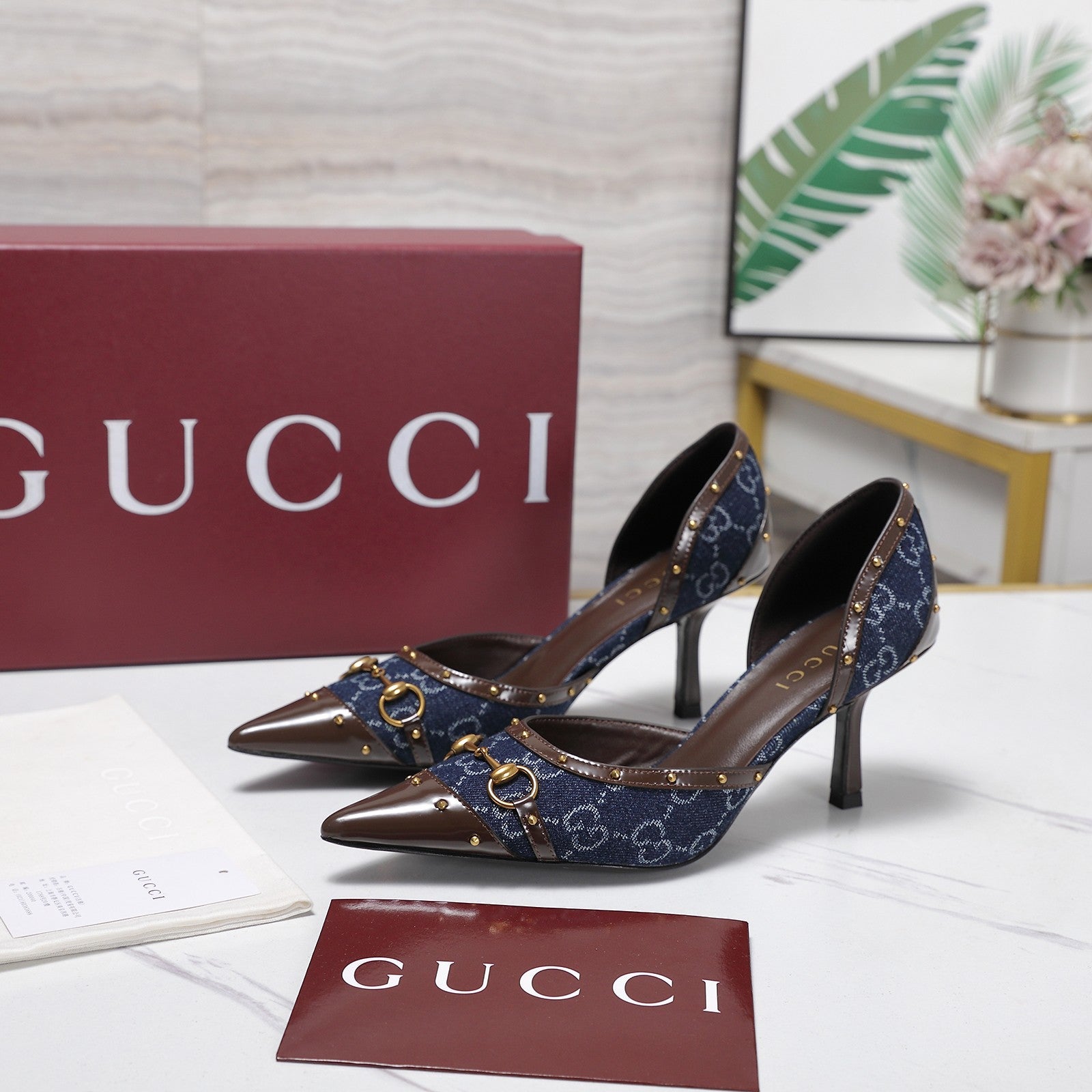 GG 26s Savoy Pumps Brown Blue Lambskin Canvas 961240