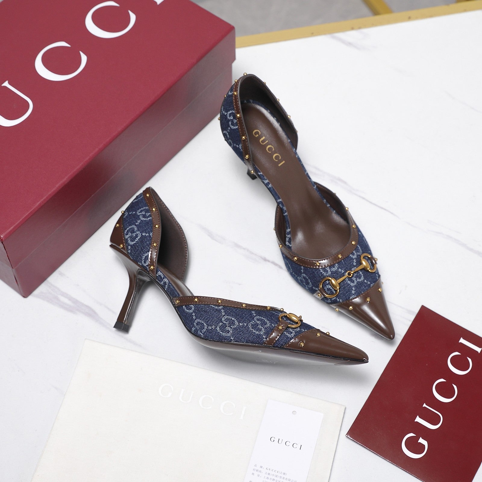 GG 26s Savoy Pumps Brown Blue Lambskin Canvas 961240