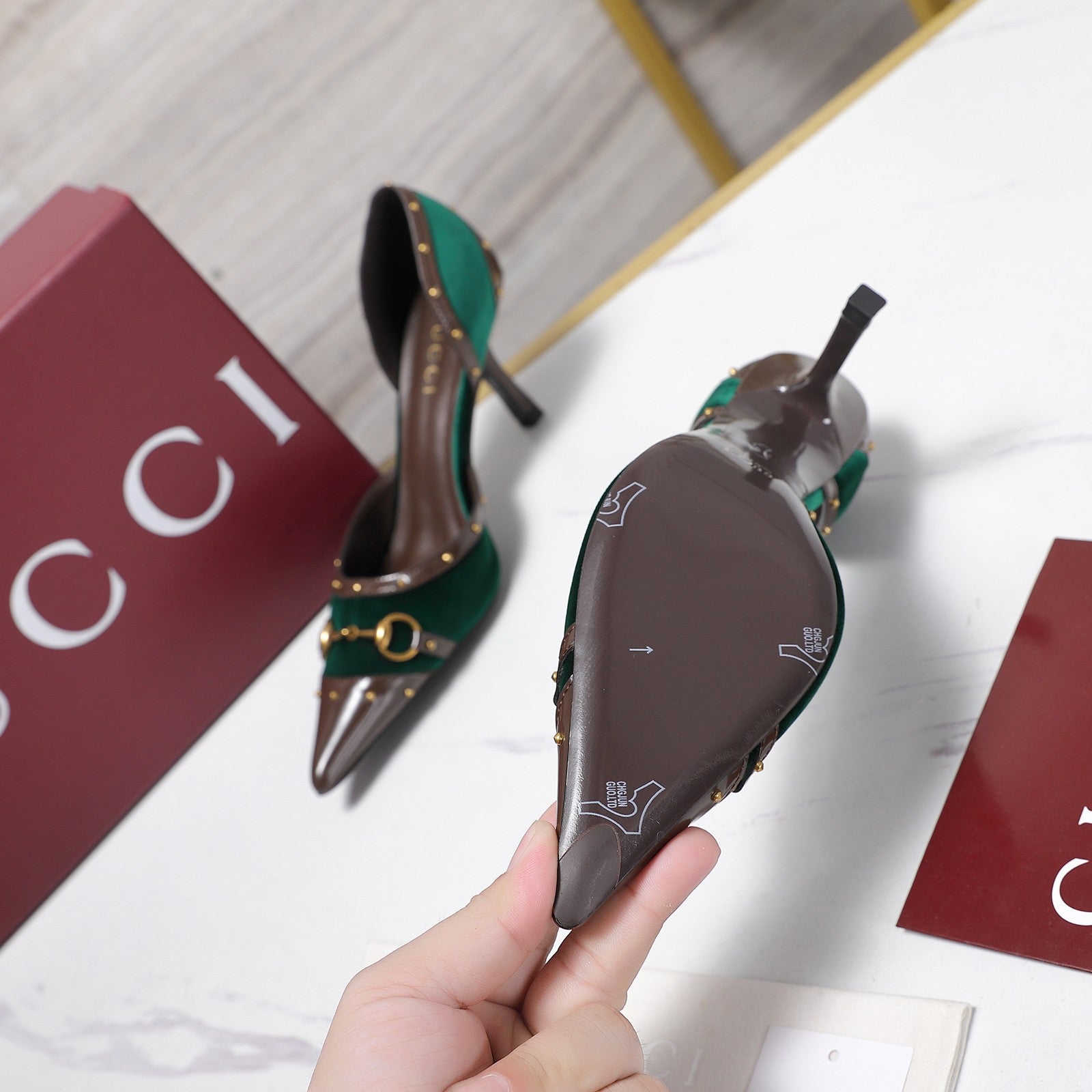 GG 26s Savoy Pumps Brown Green Lambskin Velvet 961242