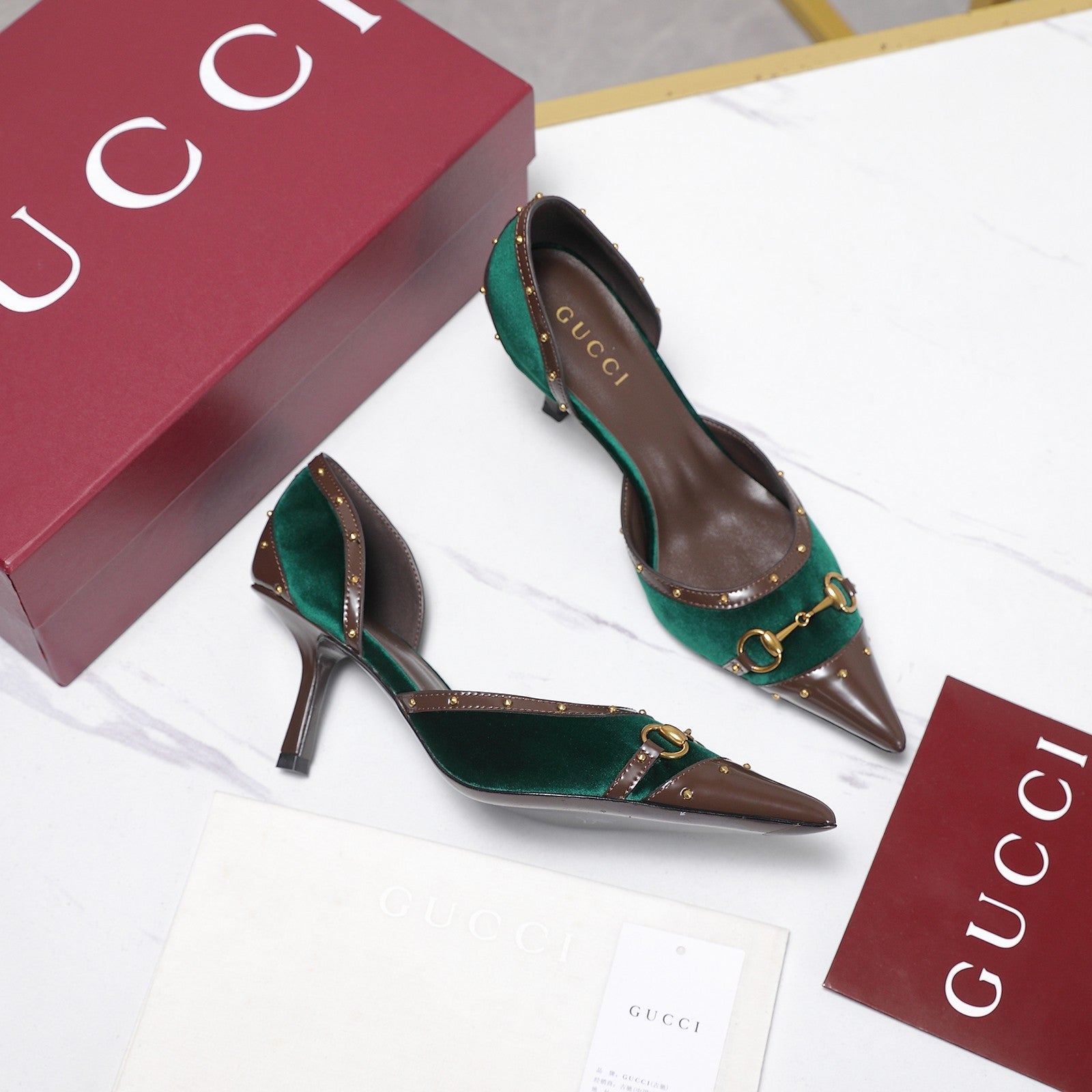 GG 26s Savoy Pumps Brown Green Lambskin Velvet 961242