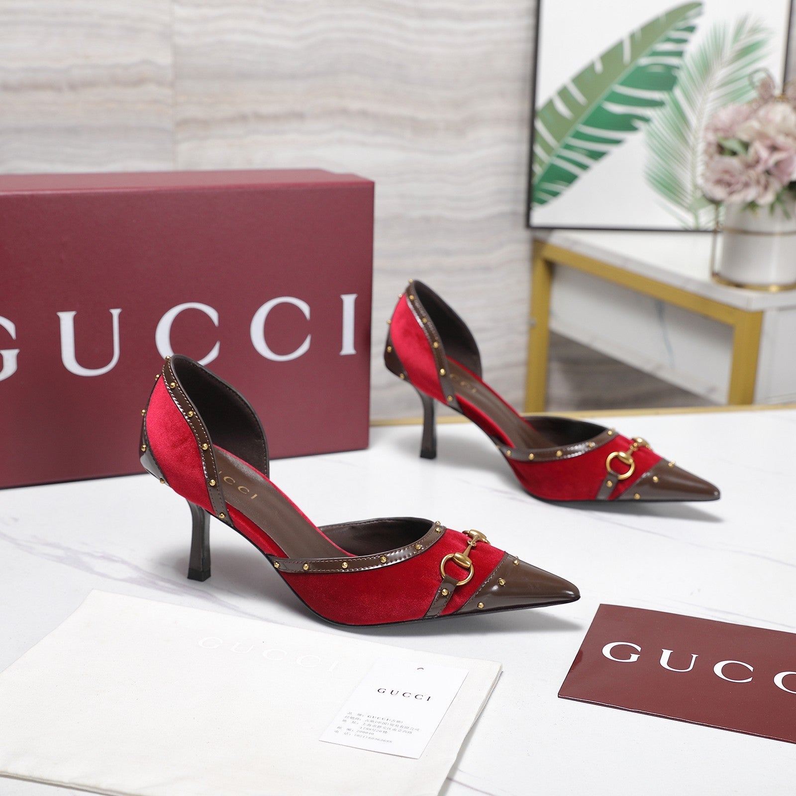 GG 26s Savoy Pumps Brown Red Lambskin Velvet 961243
