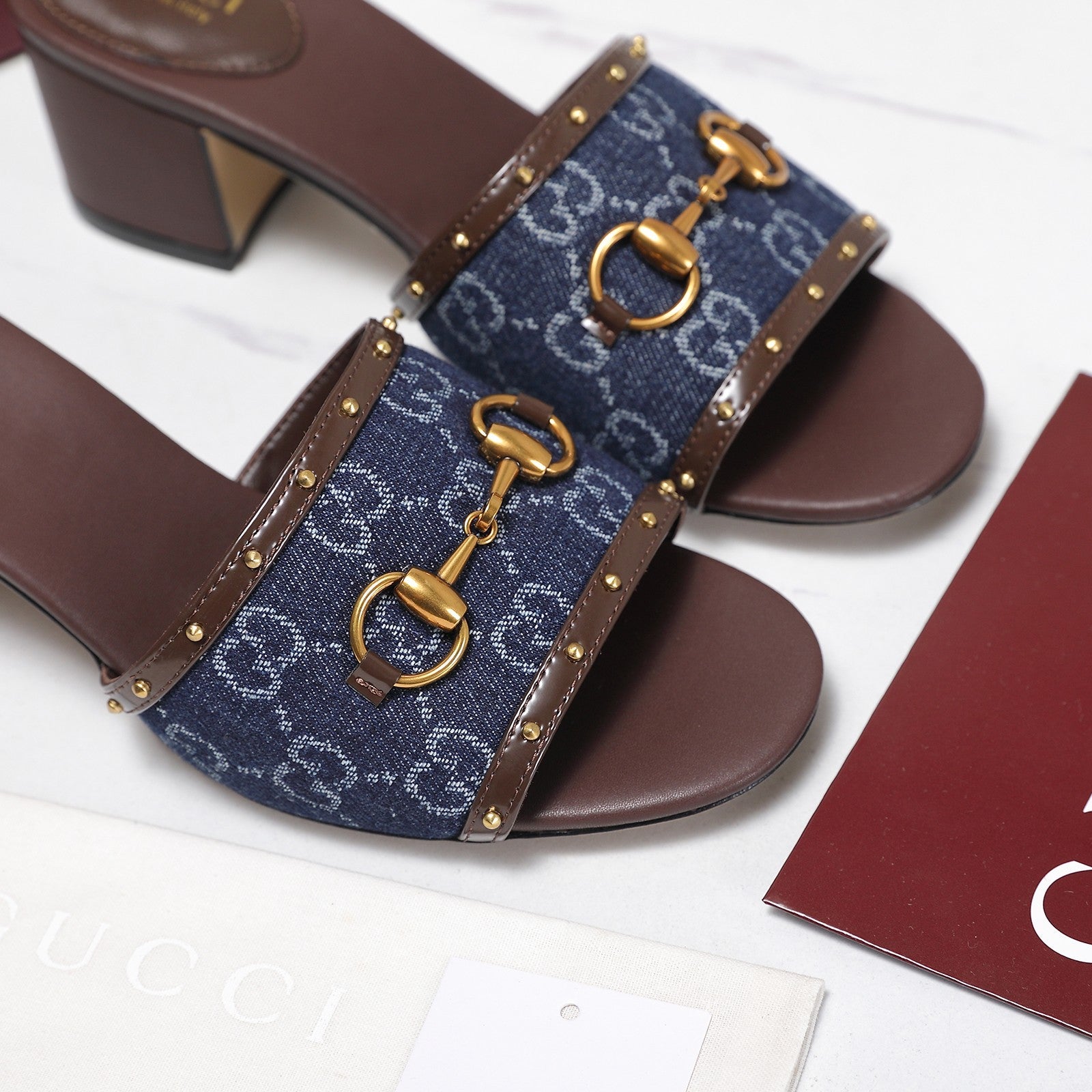 GG 26s Horsebit Mid-Heel Slide Sandal 6.5cm Brown Blue Canvas Lambskin 961274