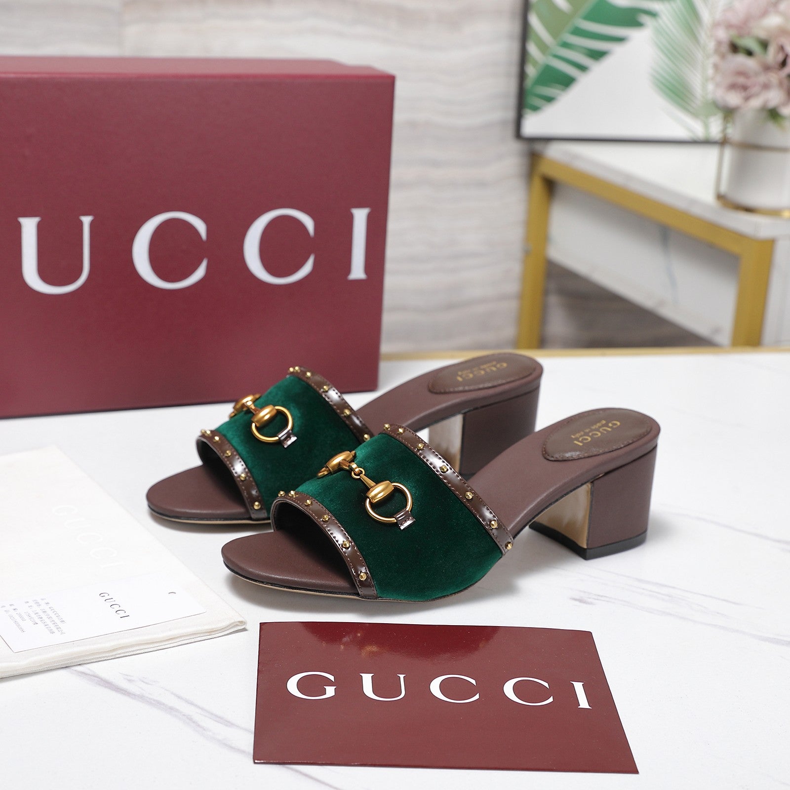 GG 26s Horsebit Mid-Heel Slide Sandal 6.5cm Green Velvet Lambskin 961278