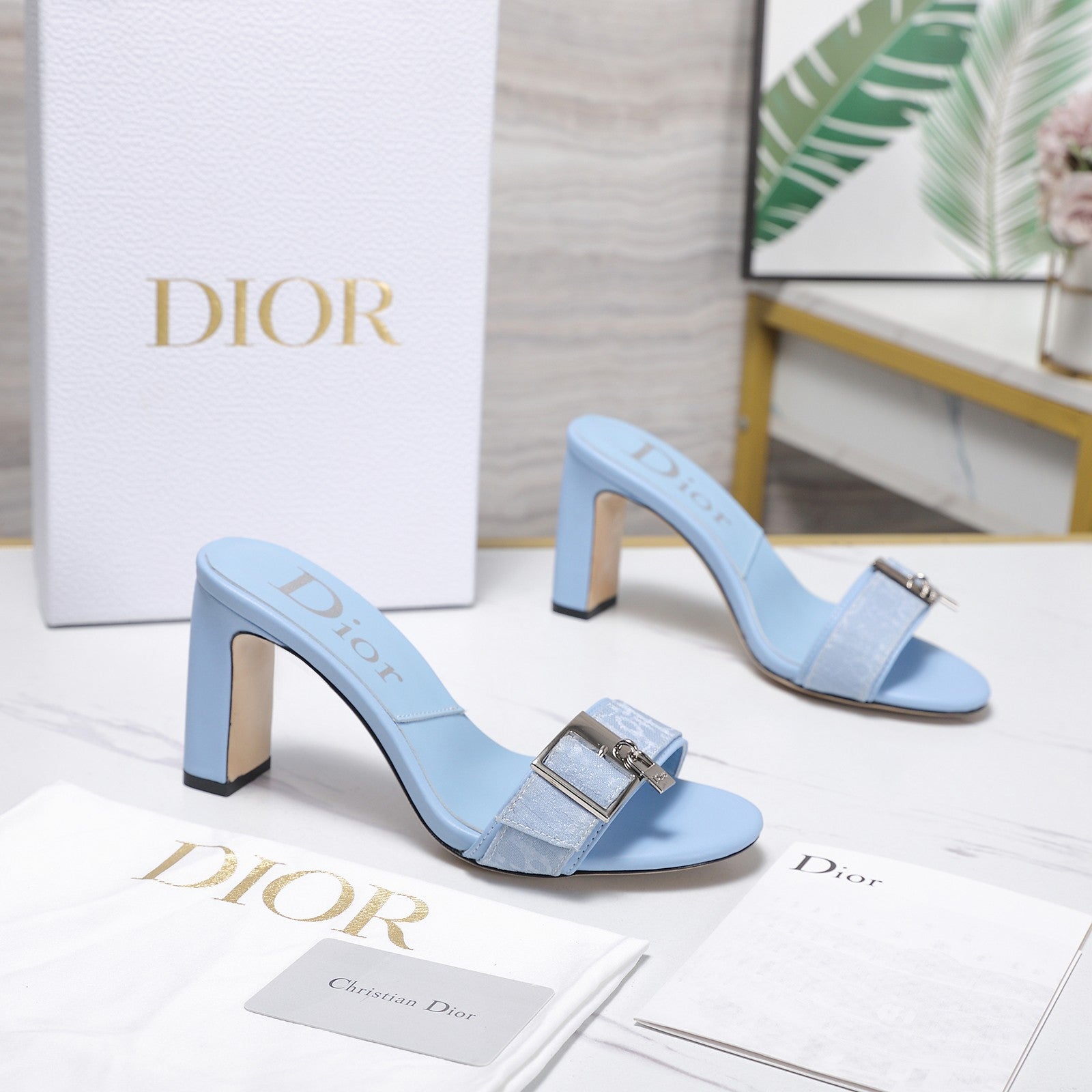 CD 26s D-Idole Mules 8.5cm Light Blue Jacquard Calfskin 961311