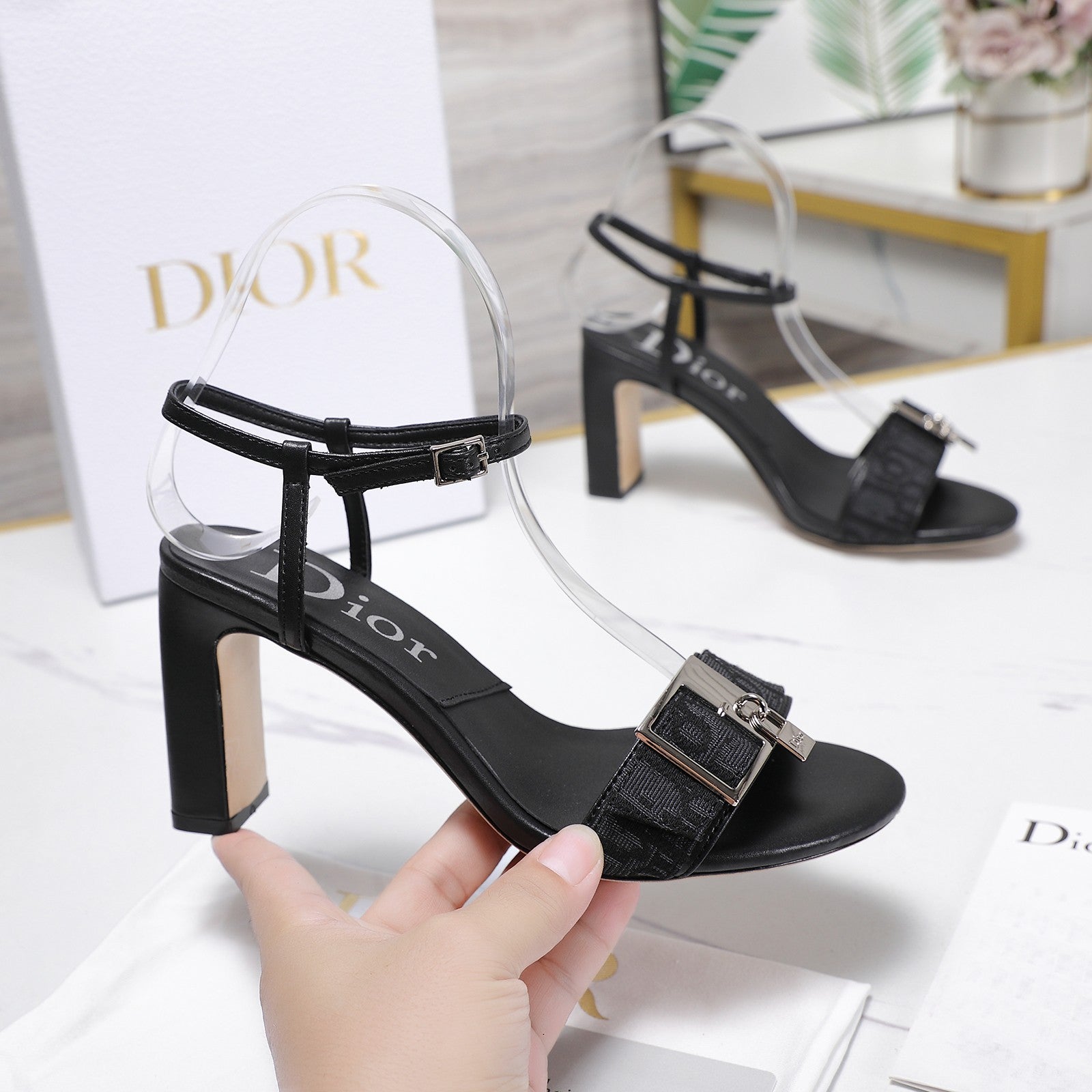 CD 26s D-Idole Heeled Sandals 8.5cm Black Jacquard Calfskin 961315