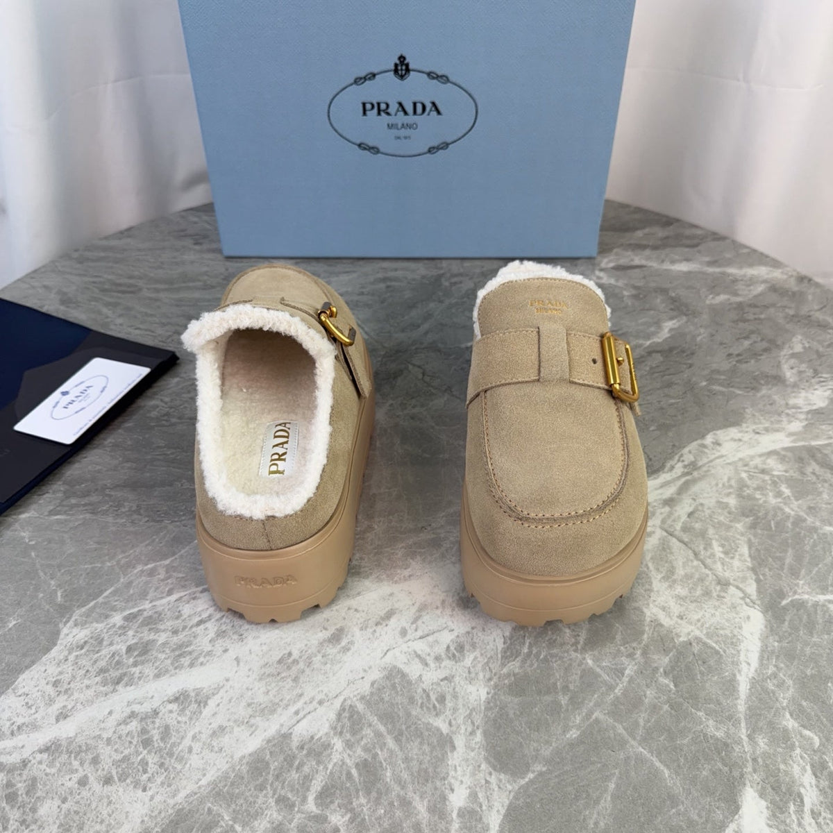 Prada 26s Mules Camel Suede Shearling 157668