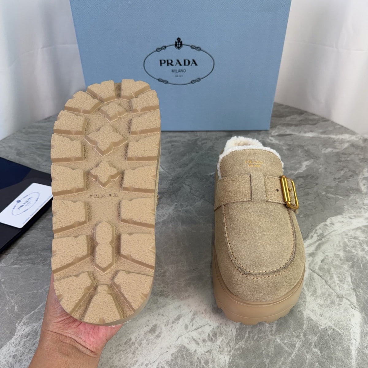 Prada 26s Mules Camel Suede Shearling 157668
