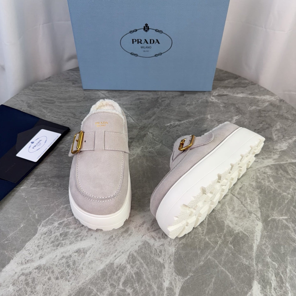 Prada 26s Mules Beige Suede Shearling 157669