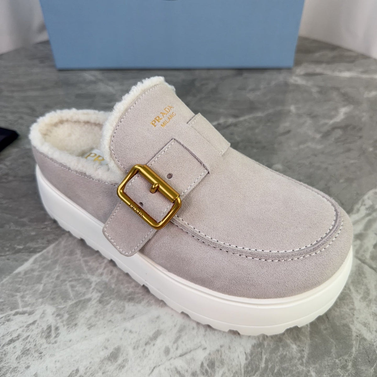 Prada 26s Mules Beige Suede Shearling 157669