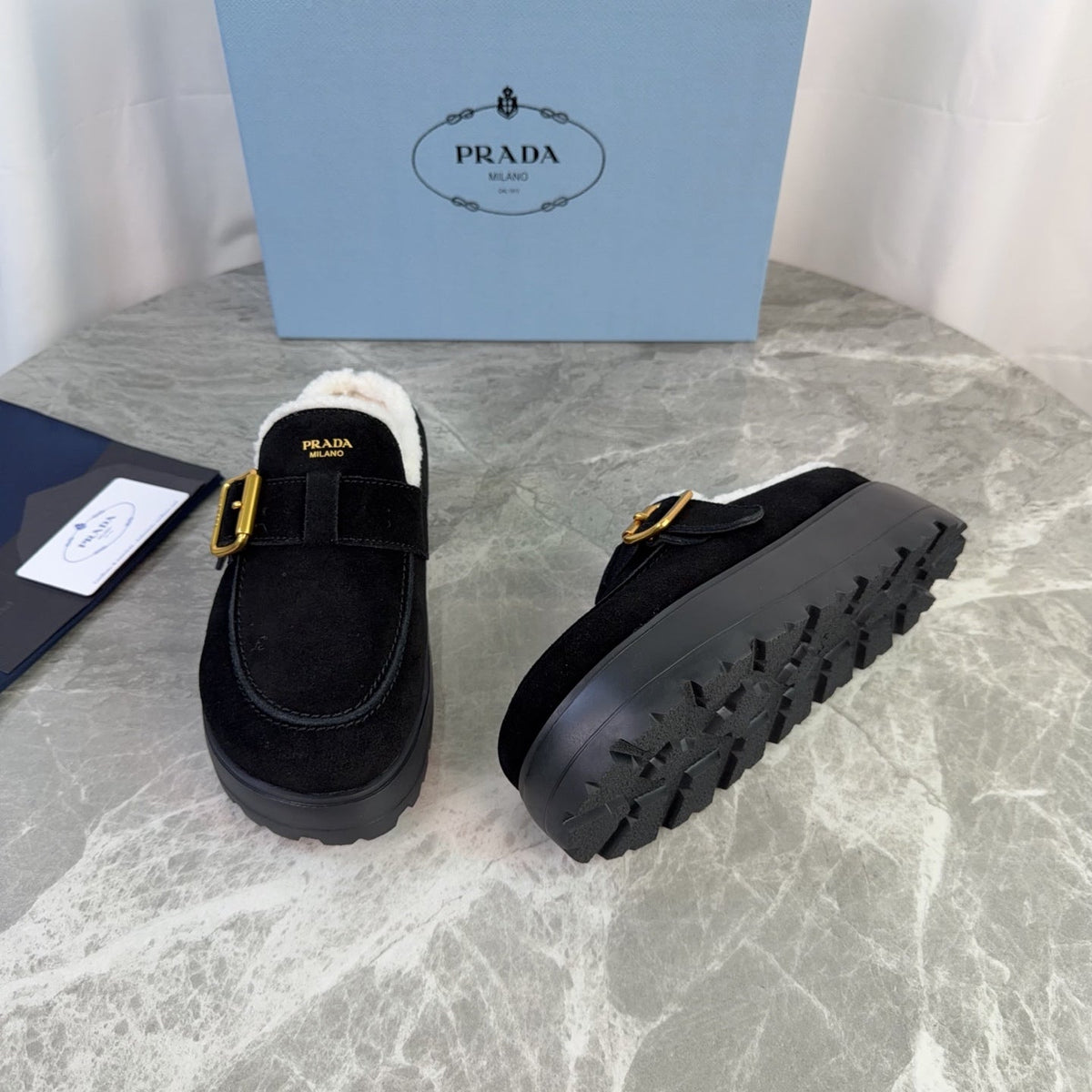 Prada 26s Mules Black Suede Shearling 157670