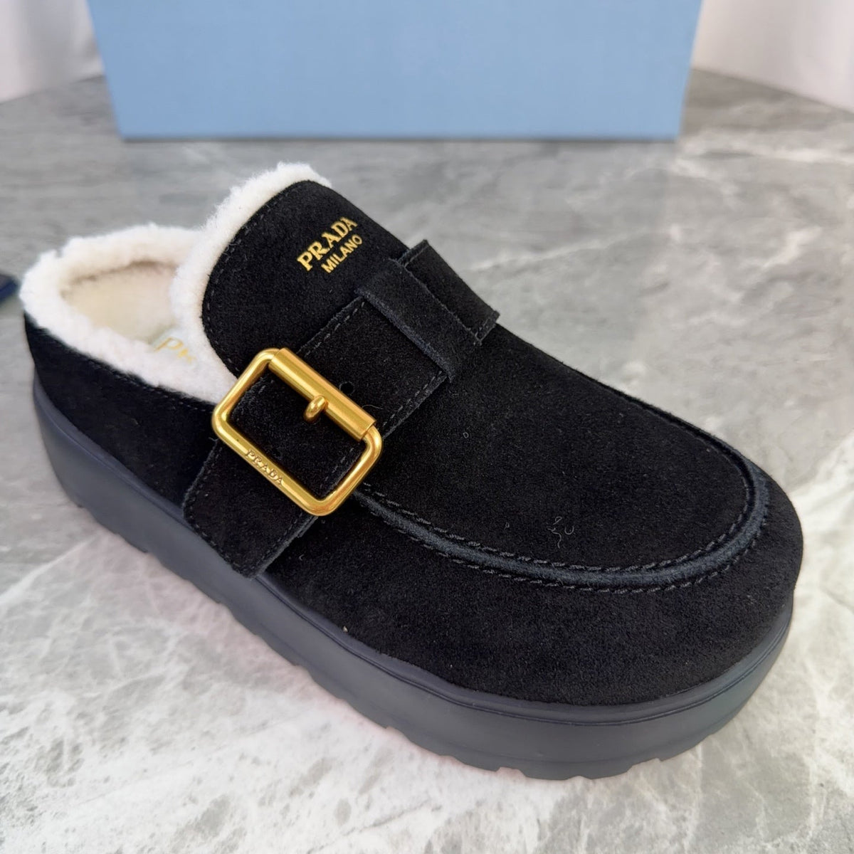 Prada 26s Mules Black Suede Shearling 157670