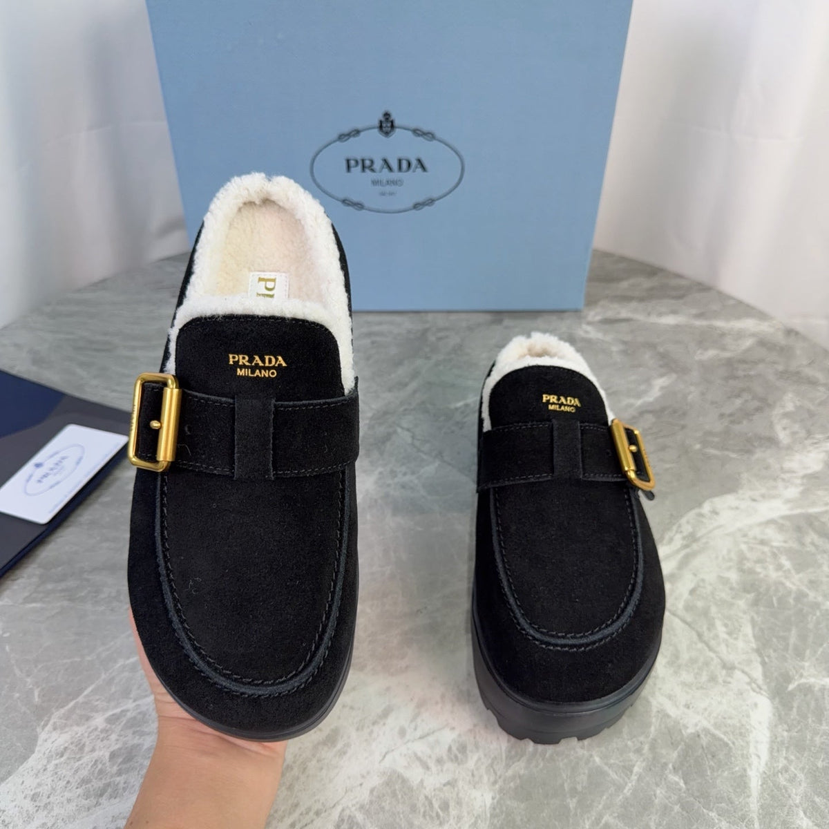 Prada 26s Mules Black Suede Shearling 157670