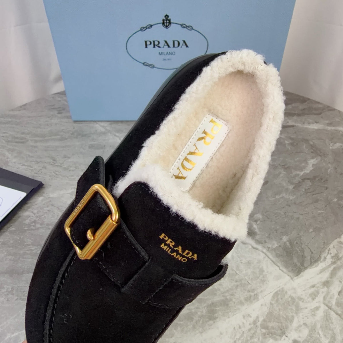 Prada 26s Mules Black Suede Shearling 157670