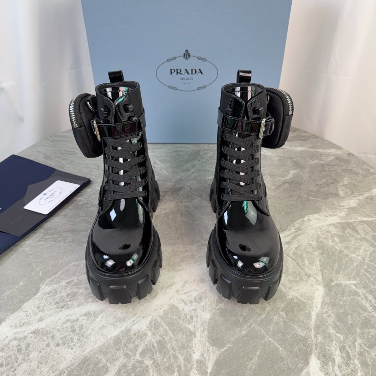 Prada 26s Monolith Boots Black Patent Leather 157671