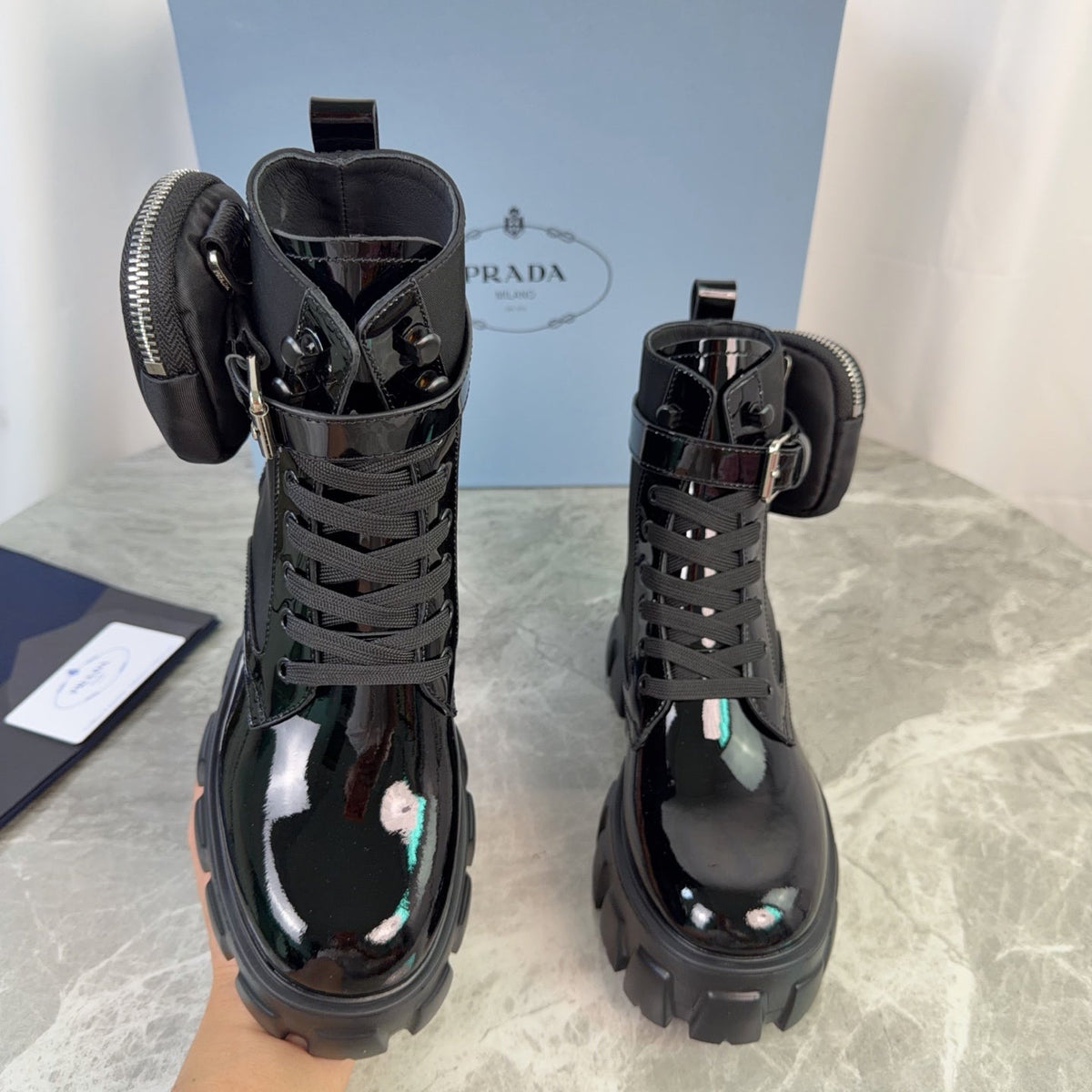 Prada 26s Monolith Boots Black Patent Leather 157671