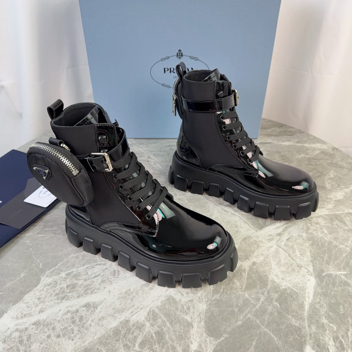 Prada 26s Monolith Boots Black Patent Leather 157671