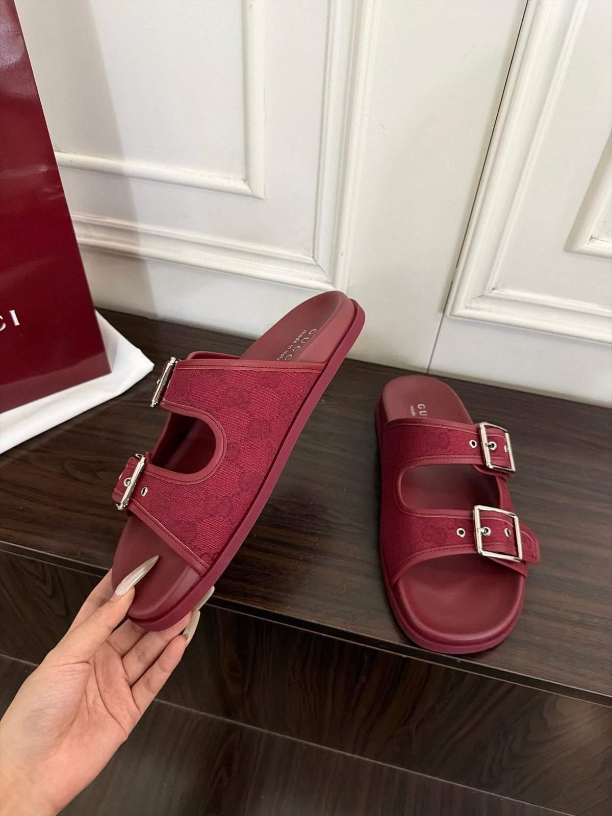 GG 26s Double Buckle Sandals Red Canvas 154153