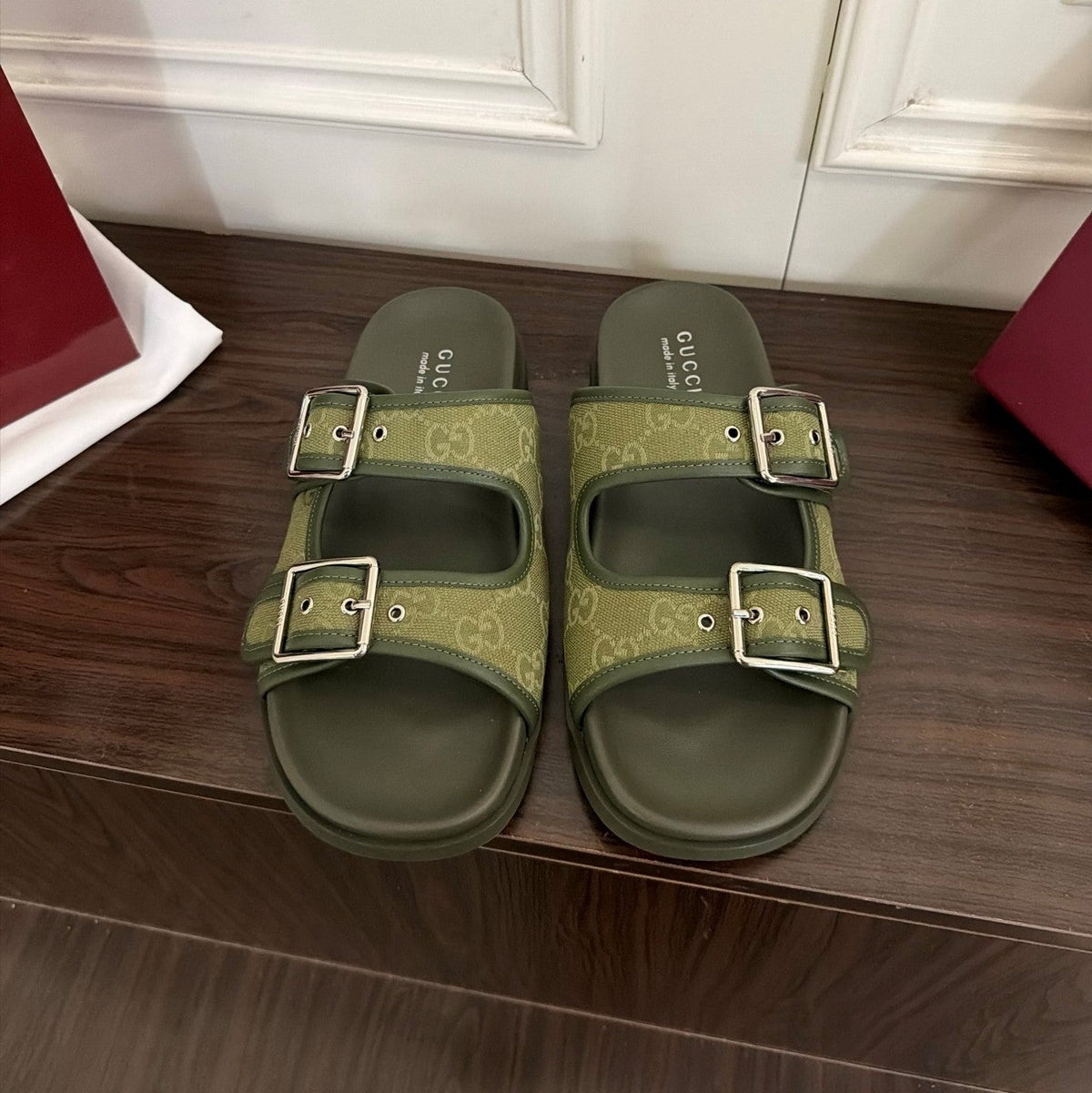 GG 26s Double Buckle Sandals Light Green Canvas 154155