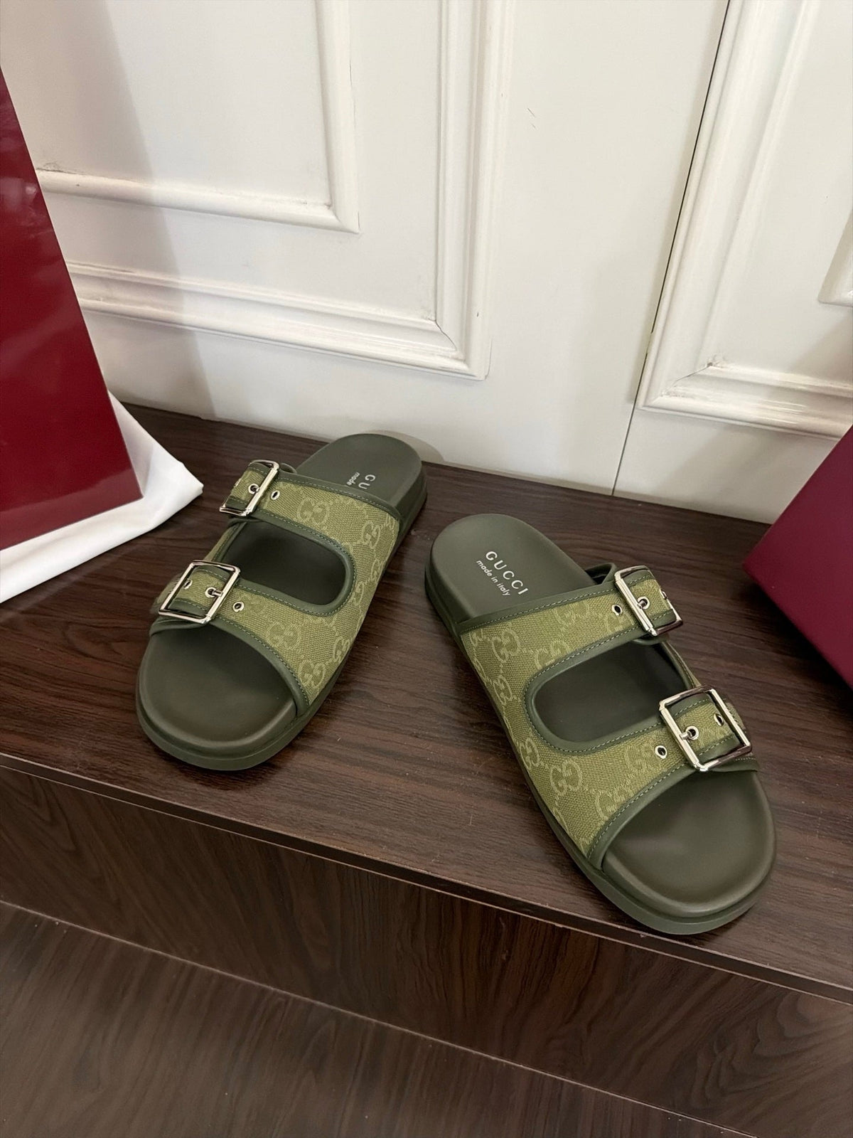 GG 26s Double Buckle Sandals Light Green Canvas 154155