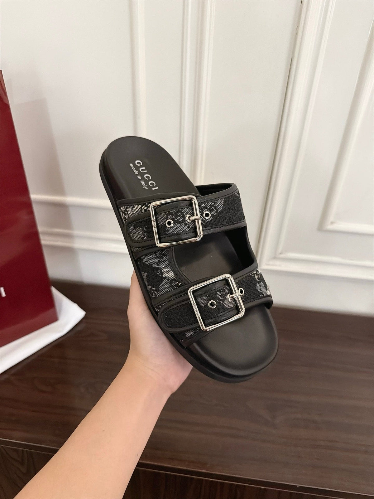 GG 26s Double Buckle Sandals Black Canvas 154157