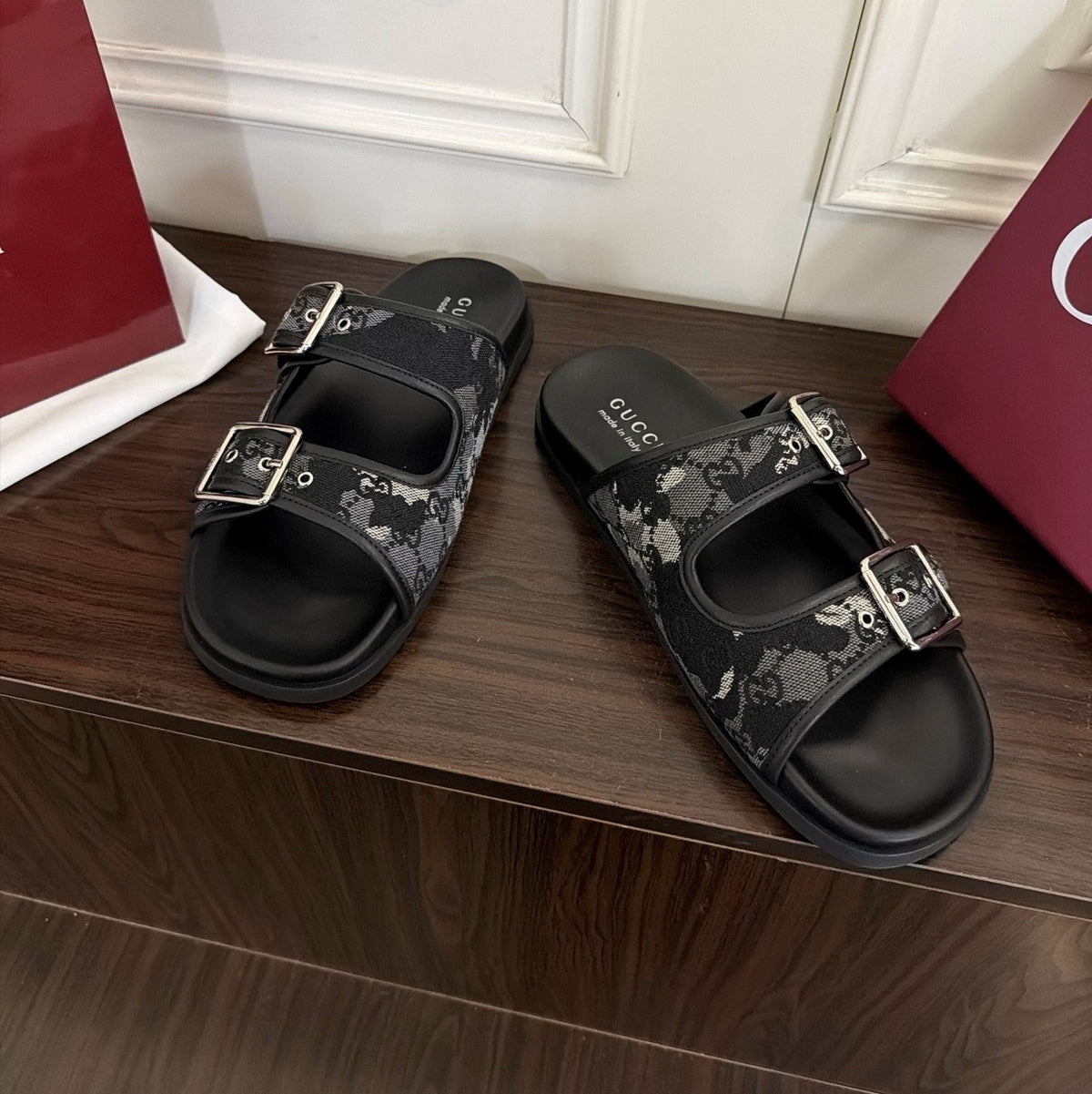 GG 26s Double Buckle Sandals Black Canvas 154157
