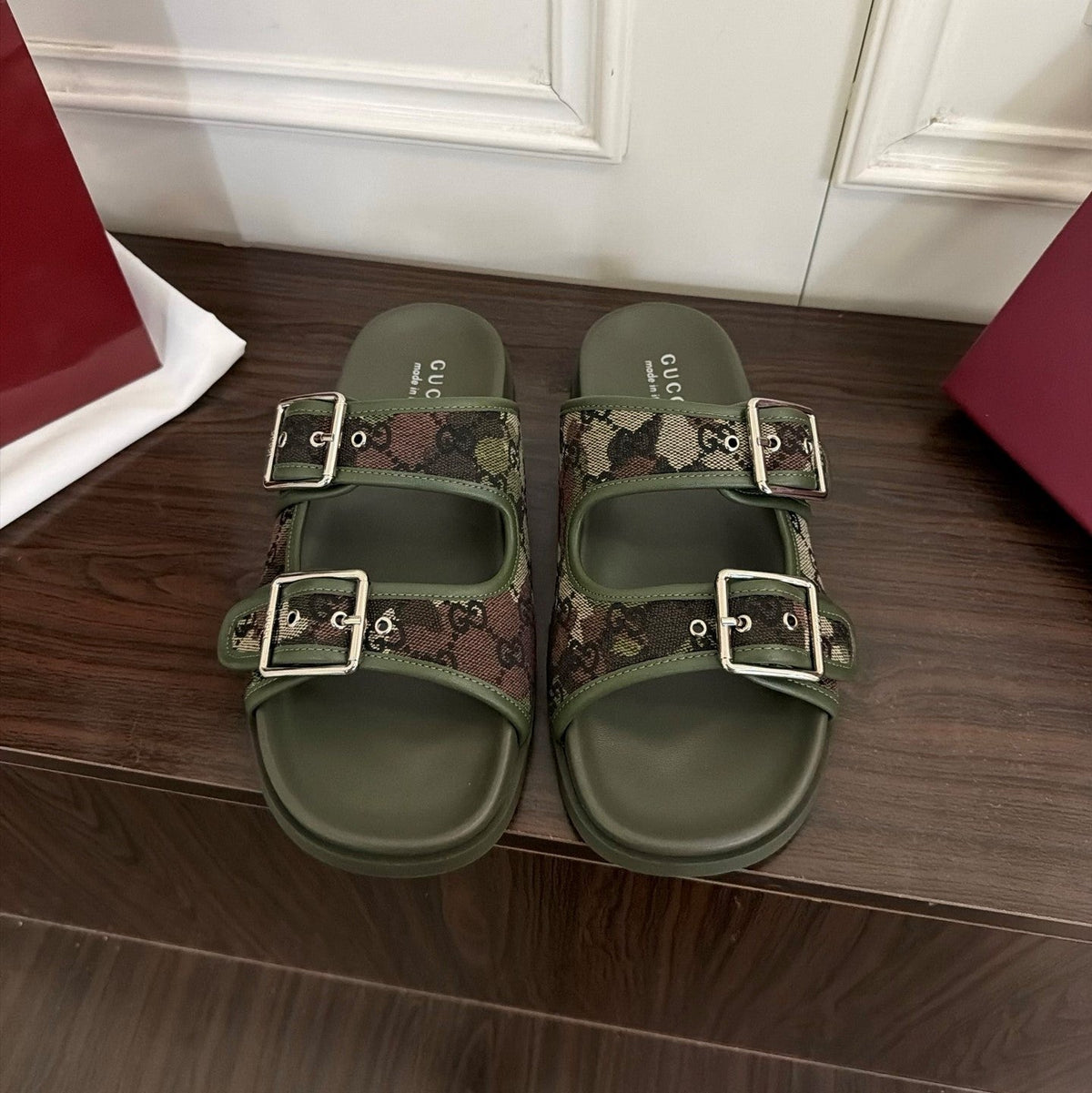 GG 26s Double Buckle Sandals Khaki Green Canvas 154158
