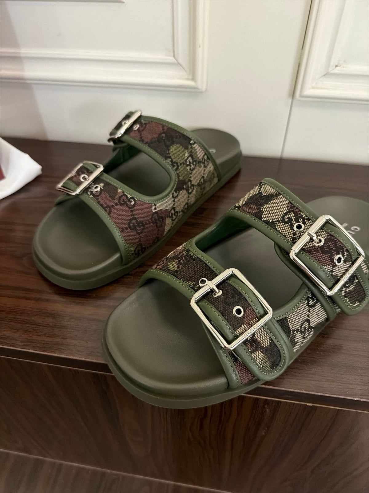 GG 26s Double Buckle Sandals Khaki Green Canvas 154158