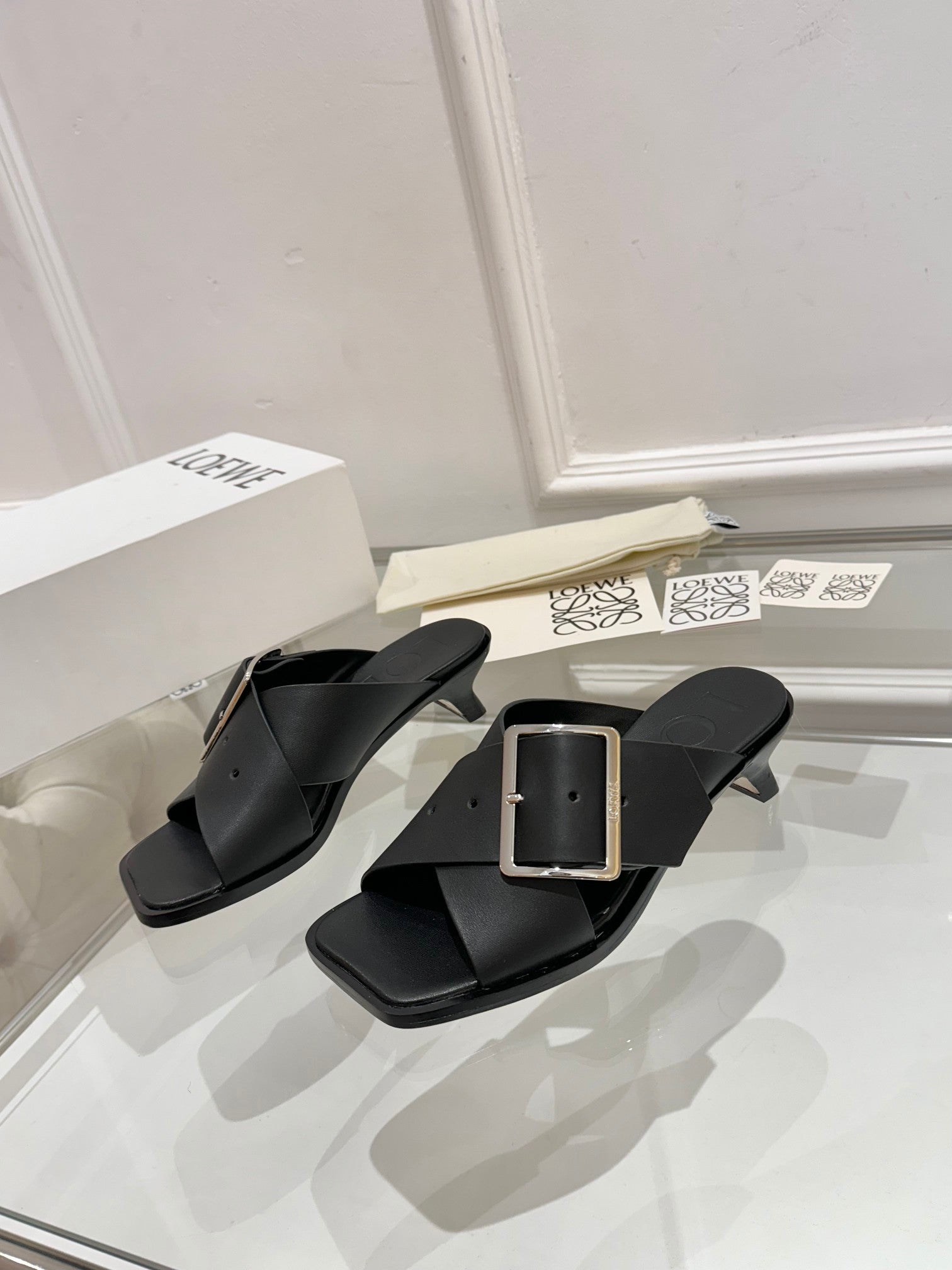 Loewe Petal Buckle Sandals Black Leather 881320